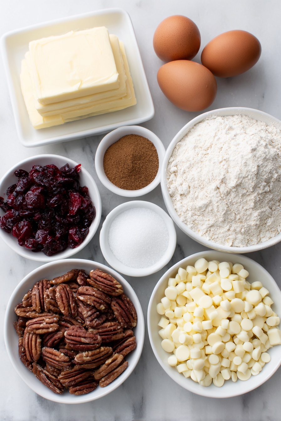 Cranberry Oatmeal Cookies, Cranberry Oatmeal Cookies recipe, chewy cranberry cookies, healthy cranberry cookies, white chocolate cranberry cookies - Flat lay of a small pile of creamy unsalted butter, a heap of brown sugar crystals, a mound of granulated white sugar, two whole uncracked brown eggs with clean shells, a small white ceramic bowl of clear vanilla extract, a neat stack of all-purpose flour, a small white bowl holding fine baking soda powder, a small white bowl with ground cinnamon, a small white bowl of fine salt crystals, a generous scoop of old fashioned rolled oats, fresh quartered bright red cranberries, chopped pecan halves, and a small pile of white chocolate chips all arranged symmetrically in simple white ceramic bowls and on a clean white ceramic plate, placed on a clean white marble surface, soft natural light, photo taken with an iPhone, professional food photography style, fresh ingredients, white ceramic bowls, no bottles, no duplicates, no utensils, no packaging --ar 2:3 --v 7 --p m7354615311229779997