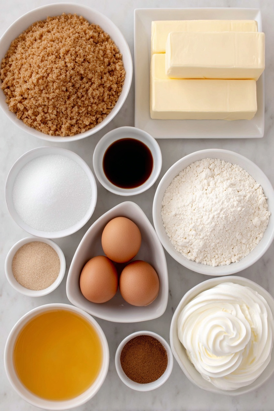 Pumpkin Cheesecake, pumpkin cheesecake recipe, fall dessert, creamy pumpkin cheesecake, gingersnap crust dessert - Flat lay of a simple white ceramic bowl filled with crushed gingersnap cookies, a small white bowl of granulated sugar, a small white bowl with melted unsalted butter, several blocks of fresh cream cheese stacked neatly, a small white bowl of packed light brown sugar, a small white bowl of granulated sugar, a small white bowl with heavy whipping cream, a small white ceramic bowl holding smooth orange pumpkin puree, a small white bowl of all-purpose flour, a small white bowl with ground cinnamon, a small white bowl with ground nutmeg, a small white bowl with ground ginger, a small white bowl with ground cloves, four large whole uncracked brown eggs arranged symmetrically, a small white bowl filled with vanilla extract liquid, and a small white bowl of fluffy Cool Whip, placed on a clean white marble surface, soft natural light, photo taken with an iPhone, professional food photography style, fresh ingredients, white ceramic bowls, no bottles, no duplicates, no utensils, no packaging --ar 2:3 --v 7 --p m7354615311229779997