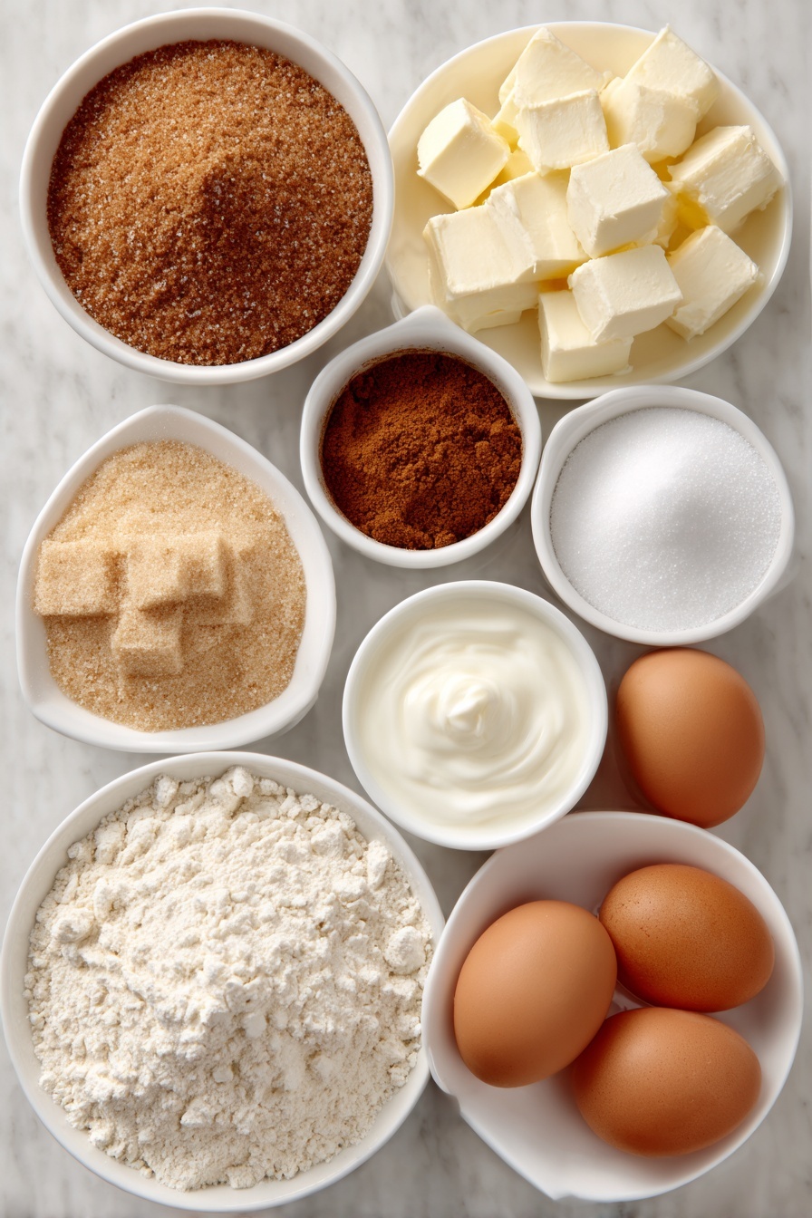 Sour Cream Coffee Cake with Streusel Glaze, coffee cake with streusel topping, moist sour cream coffee cake, easy coffee cake recipe, brunch coffee cake - Flat lay of a small mound of pale all purpose flour, a small pile of packed light brown sugar, a small heap of ground cinnamon, a pinch of kosher salt, several small cubes of cold unsalted butter, another small heap of granulated sugar, two whole large brown eggs with clean shells, a small white ceramic bowl of sour cream, a small white bowl of whole milk, a small white bowl of powdered sugar, placed on a clean white marble surface, soft natural light, photo taken with an iPhone, professional food photography style, fresh ingredients, white ceramic bowls, no bottles, no duplicates, no utensils, no packaging --ar 2:3 --v 7 --p m7354615311229779997