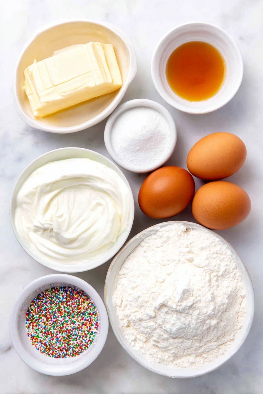 Festive Christmas Sprinkles Bread, Christmas bread recipe, holiday sweet bread, colorful sprinkles bread, easy Christmas dessert - Flat lay of a small mound of unsalted butter softened, a small white bowl of granulated sugar, a small white bowl of golden vanilla extract, three large whole brown eggs with clean shells, a small white bowl of thick sour cream, a small white bowl of whole milk, a small mound of all-purpose flour, a small white bowl containing a mix of baking powder, baking soda, salt, and ground cinnamon, a small white bowl filled with colorful Christmas sprinkles, a small white bowl of powdered sugar, a small white bowl of heavy cream, placed on a clean white marble surface, soft natural light, photo taken with an iPhone, professional food photography style, fresh ingredients, white ceramic bowls, no bottles, no duplicates, no utensils, no packaging --ar 2:3 --v 7 --p m7354615311229779997