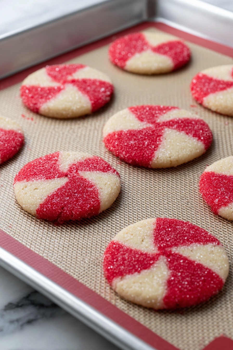 Peppermint Swirl Sugar Cookies, festive holiday cookies, peppermint sugar cookies, swirl sugar cookie recipe, easy Christmas cookies - The image shows a baking tray with seven round cookies laid out on a textured baking mat. Each cookie has a pinwheel pattern made of two colors, bright red and light beige, creating a spiral effect with alternating triangular sections. The cookies have a sparkling sugar coating on top, giving them a slightly shiny look. The baking tray is silver with a shallow lip around the edge, and the background is a white marbled surface. photo taken with an iphone --ar 2:3 --v 7