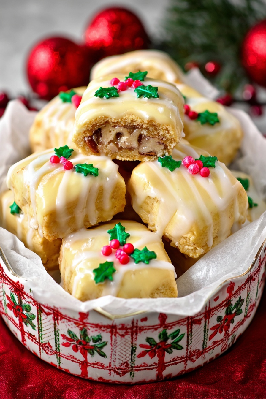 Gingerbread Yule Log Cookies, holiday gingerbread cookies, festive rolled gingerbread, Nutella-filled holiday cookies, Christmas gingerbread treats - The image shows a white tree-shaped dish filled with light beige square-shaped bars arranged in neat layers, with one layer stacked a bit higher in the center. Each bar has a smooth texture with faint drizzle lines on top and is decorated with a small green holly leaf and three red berry-shaped candy pieces. The dish sits on a red cloth background with shiny silver and red round ornaments softly blurred behind it. photo taken with an iphone --ar 2:3 --v 7