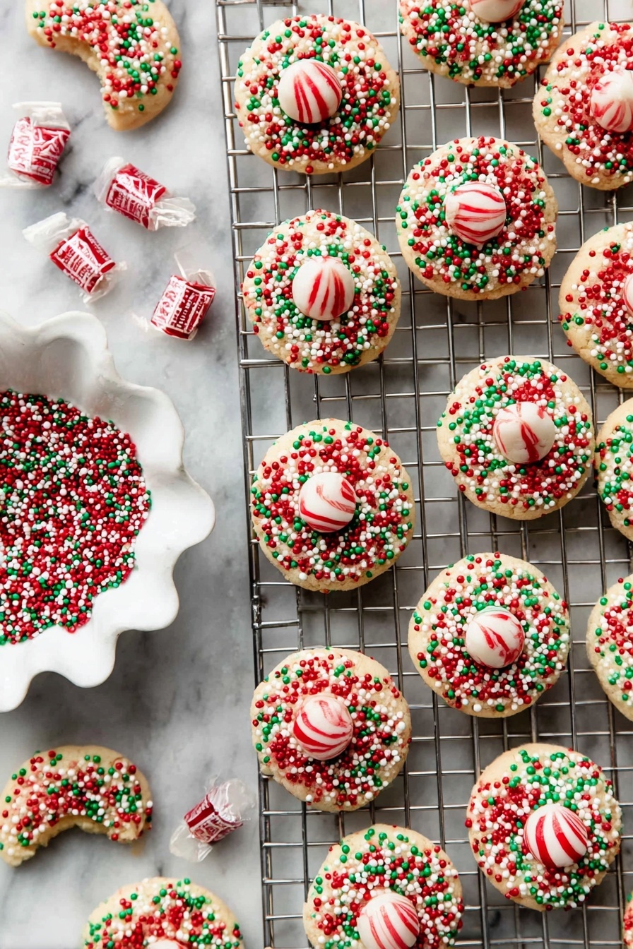 Candy Cane Kiss Cookies, peppermint sugar cookies, holiday cookie recipes, Christmas cookies, festive sugar cookies - The image shows many round cookies on a cooling rack, each with a light golden base covered in small red, green, and white round sprinkles. At the center of each cookie is a round white piece of candy with red stripes that looks like a peppermint. One cookie is broken, showing its soft inside. To the left, there is a white scalloped bowl filled with the same small red, green, and white sprinkles and some unwrapped candies around it. The background is a white marbled texture. photo taken with an iphone --ar 2:3 --v 7