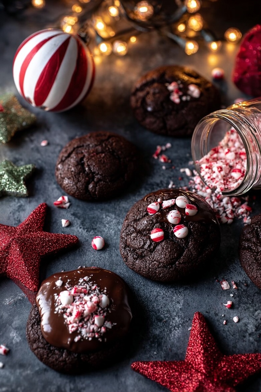 Chocolate Hazelnut Caramel Brownie Cookies, chocolate hazelnut cookie recipes, caramel brownie cookies, gooey brownie cookie desserts, indulgent chocolate hazelnut treats - The image shows six dark chocolate cookies on a dark smooth surface with crushed red and white candy sprinkled on some of the cookies and also scattered around them. One cookie is partially dipped in melted chocolate with candies on top. There are holiday decorations around, including a white and red striped round ornament and two glittery red star shapes, as well as a glittery gold star in the background. A clear jar tipped over in the foreground suggests candy spilling out. Warm yellow string lights are draped above, softly glowing. photo taken with an iphone --ar 2:3 --v 7