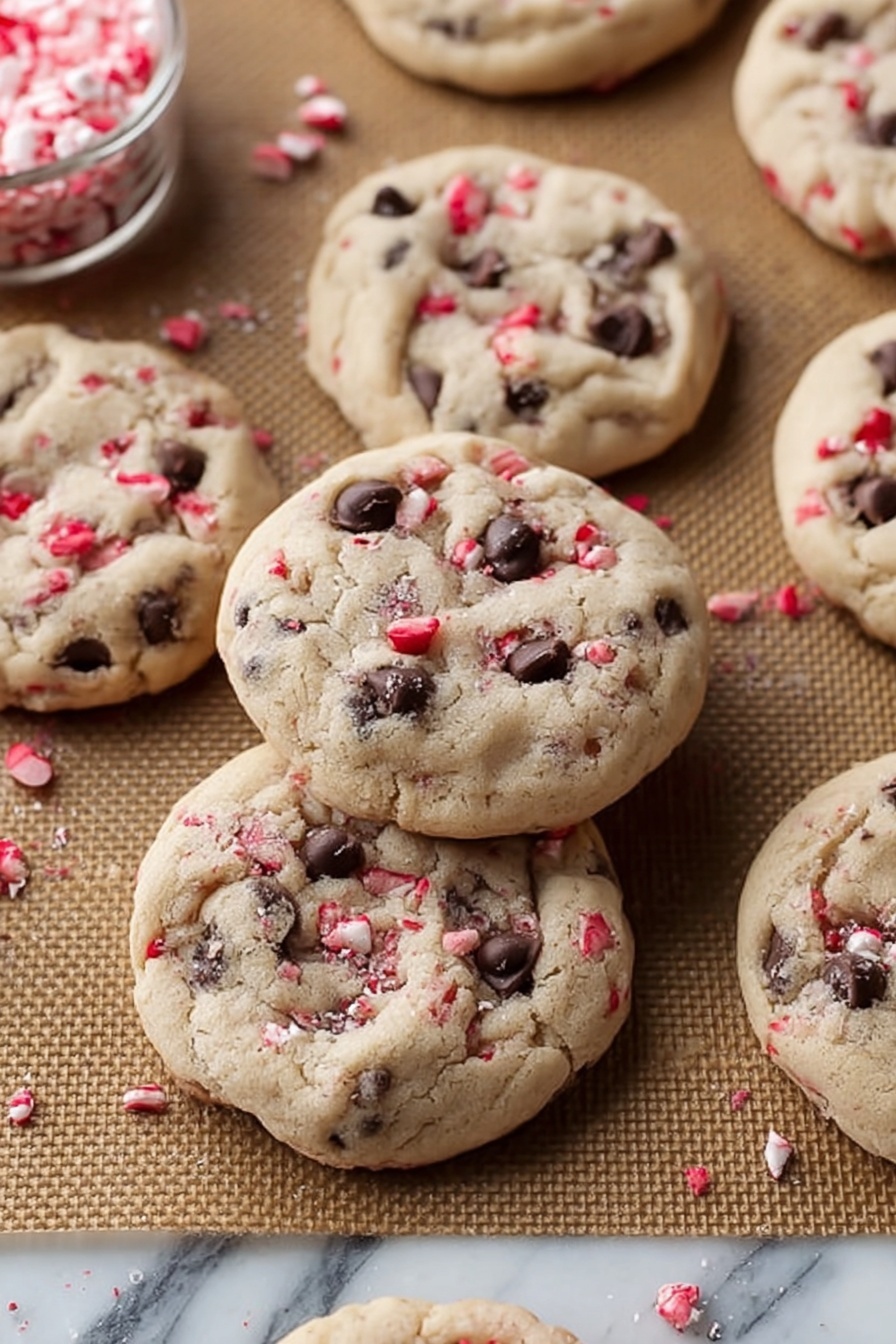 Peppermint Oreo Cookie Dough Bites, peppermint cookie treats, holiday cookie bites, peppermint dessert recipes, no-bake peppermint candies - The image shows a small stack of three chunky cookies on a white lace paper doily placed on brown parchment paper. The cookies are light beige and embedded with visible dark chocolate chips and small red and white candy bits spread evenly throughout. The top cookie of the stack has a bite taken out, revealing a soft, dense inside with the same chocolate and candy pieces. In the background, more cookies are cooling on a wire rack, slightly blurred, and to the left is a white ceramic ramekin filled with rough pink and white candy pieces. The whole scene sits on a white marbled surface photo taken with an iphone --ar 2:3 --v 7