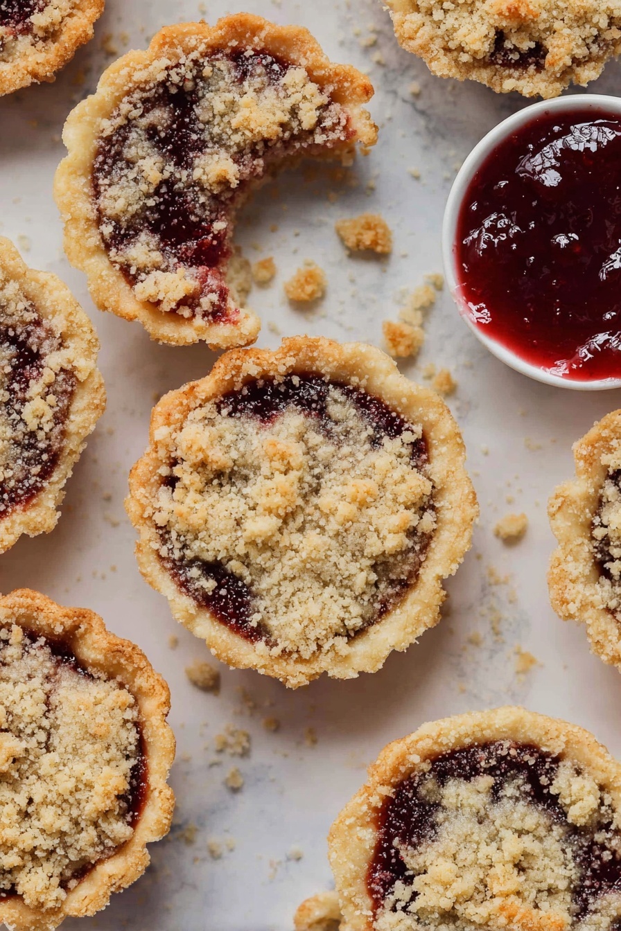 Raspberry Crumble Cookies, raspberry crumble dessert, raspberry cookie recipe, fruit crumble cookies, easy raspberry cookies - The image shows several small round crumb-topped jam tarts placed on a white marbled surface. Each tart has a golden-brown crust forming the base and holding dark red jam with a glossy texture that pokes through the crumb topping. The crumb topping is light beige with a crumbly, rough texture unevenly spread on top of the jam. Some tarts have small bites taken out, revealing the jam inside. A small white bowl filled with thick red jam sits among the tarts. There are loose crumbs scattered on the surface near the tarts. Photo taken with an iphone --ar 2:3 --v 7