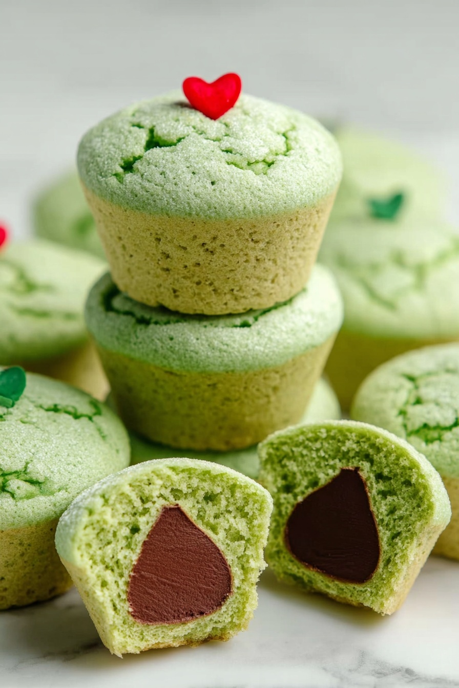 Grinch Cookie Cups with Hershey’s Kisses, festive holiday treats, green chocolate cookie cups, easy Christmas desserts, chocolate Hershey’s Kiss cookies - The image shows a stack of green muffins with a soft texture, each with a fluffy top layer that has small cracks and a light green color. The top muffin has a small red heart decoration placed near the center of its domed top. The middle muffin is plain, showing the same green color with airy holes. In front, a muffin is cut in half, revealing two layers: the top fluffy green layer and a smooth chocolate layer shaped like a teardrop inside, topped with a small red heart decoration on the surface. The muffins sit on a white marbled surface with soft lighting. Photo taken with an iphone --ar 2:3 --v 7