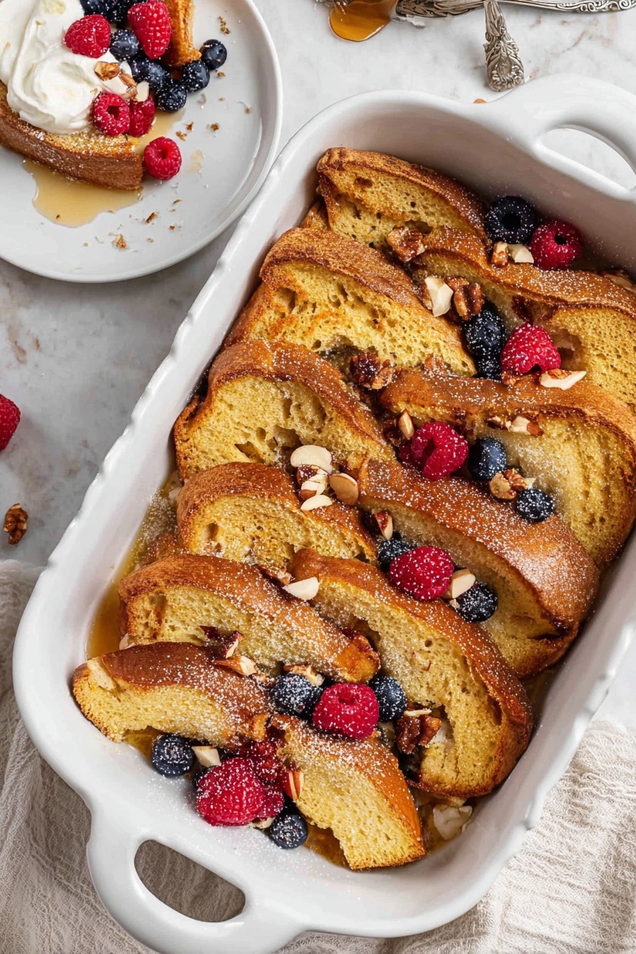 Baked Brioche French Toast Casserole, French Toast Bake, Breakfast Casserole with Brioche, Citrus French Toast, Holiday Brunch Ideas - The image shows a white baking dish filled with layered toasted bread slices that are golden brown and slightly crispy on the edges, arranged upright and overlapping. The bread layers are sprinkled with coarse sugar and scattered with whole blueberries, red raspberries, and small chopped almonds, adding pops of dark blue, bright red, and light beige colors. The dish is placed on a white marbled surface, next to a white plate holding a piece of the bread pudding topped with whipped cream, extra berries, and nuts. The overall scene includes soft natural light highlighting the warm tones and textures of the baked bread and fresh fruit. photo taken with an iphone --ar 2:3 --v 7
