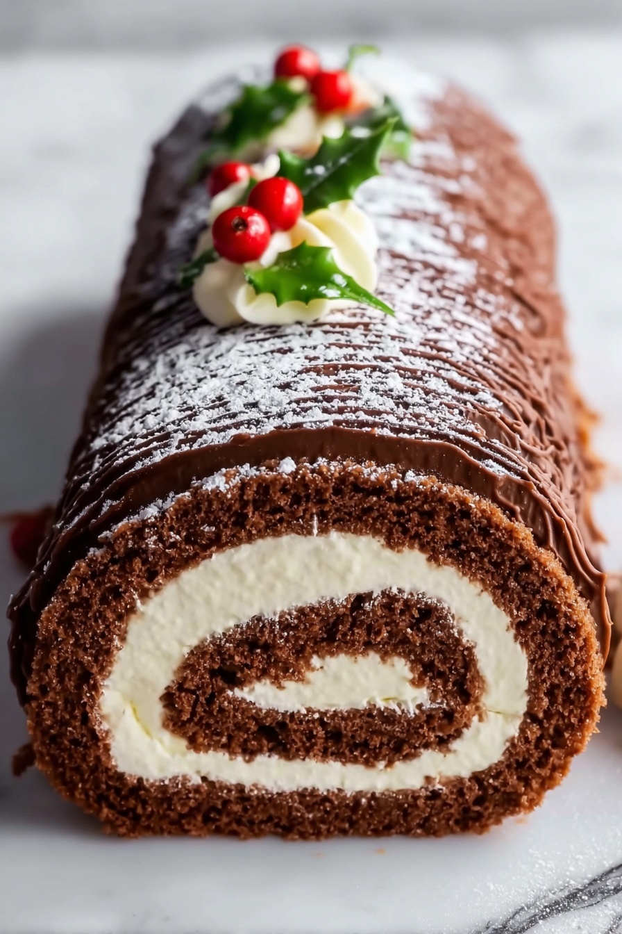 Festive Chocolate Yule Log, Christmas Yule Log, Holiday Chocolate Cake, Festive Roll Cake, Chocolate Dessert for Holidays - The image shows a rolled chocolate cake with four visible layers: a dark brown chocolate outer layer with a textured, ridged pattern; a white creamy layer inside that is smooth and thick; another dark brown cake layer that is soft and spongy; and a final white cream layer in the center that looks fluffy. The top of the cake roll is dusted with white powdered sugar and decorated with small red berries and green leaves, adding color contrast. The cake is placed on a white marbled surface. photo taken with an iphone --ar 2:3 --v 7