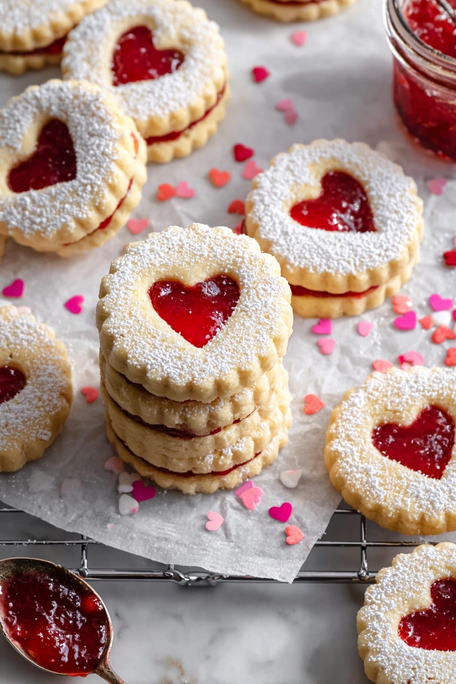 Raspberry Linzer Cookies, raspberry jam sandwich cookies, buttery almond cookies, holiday cookie ideas, seasonal dessert recipes - The image shows several round sandwich cookies with scalloped edges arranged on white parchment paper over a white marbled surface. Each cookie has two layers: a bottom layer of light golden-brown cookie and a top layer dusted with white powdered sugar. The top layer has a heart-shaped cutout in the center, revealing a shiny bright red jam filling inside. Some cookies are stacked, showing both layers, while others lie flat. Small pink and red heart-shaped sprinkles are scattered around the cookies. photo taken with an iphone --ar 2:3 --v 7