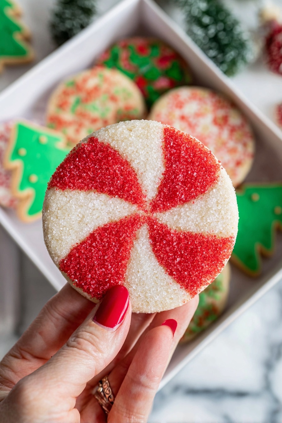 Peppermint Swirl Sugar Cookies, festive holiday cookies, peppermint sugar cookies, swirl sugar cookie recipe, easy Christmas cookies - A round cookie is held by a woman's hand with red-painted nails and a ring on the middle finger. The cookie has a simple design with four sections, alternating between bright red sugar crystals and white sugar crystals, creating a pinwheel or peppermint candy look. The texture of the cookie surface is grainy from the sugar crystals. Behind the cookie, there is a white box filled with different Christmas-themed cookies, including green tree shapes and other colorful designs, all resting on a white marbled surface. photo taken with an iphone --ar 2:3 --v 7