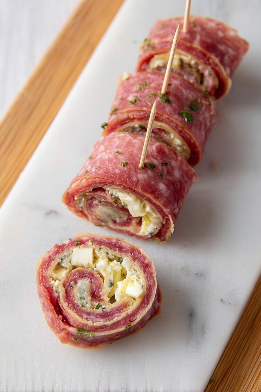 Salami Pinwheels with Cream Cheese and Peppers, easy savory appetizers, party finger foods, portable cold snacks, quick appetizer recipes - The image shows a wooden cutting board placed on a white marbled surface with a roll sliced into pieces. The roll has three visible layers: a thin outer layer of reddish-pink with white spots, a middle layer of white creamy texture, and an inner yellowish layer with a slightly chunky texture. The roll is sliced into six pieces, three of which are lying flat showing the spiral pattern of the layers inside, while the rest remains uncut. photo taken with an iphone --ar 2:3 --v 7