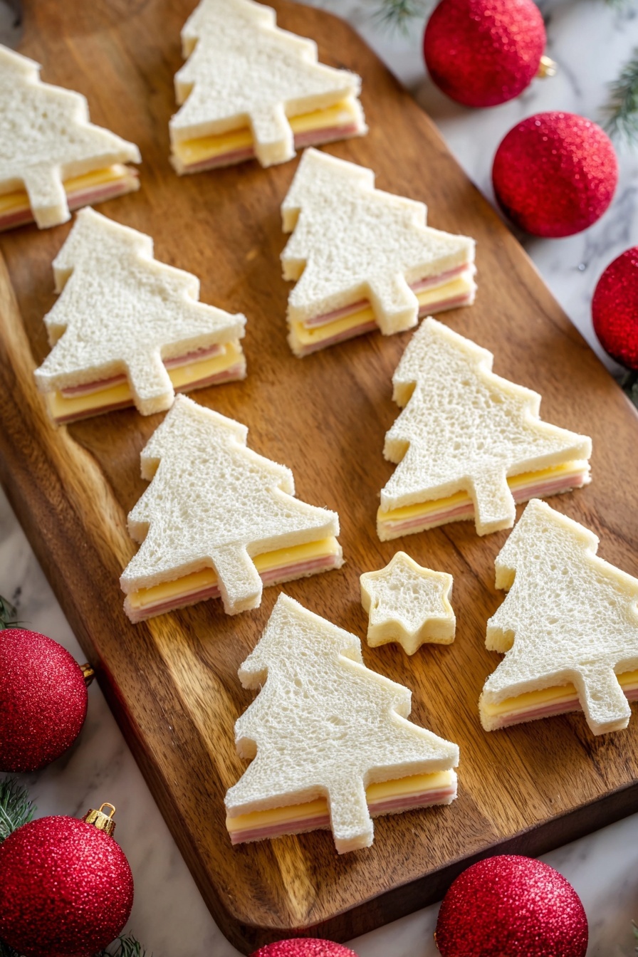 Festive Christmas Tree Sandwiches, holiday sandwiches, Christmas party appetizers, fun holiday snacks, kid-friendly Christmas treats - The image shows multiple Christmas tree-shaped sandwiches arranged neatly on a wooden cutting board. Each sandwich has three layers: a white soft bread layer on top, followed by a light pink layer of ham or similar, and a pale yellow layer of cheese at the bottom. The sandwiches are cleanly cut with a cookie cutter, which is placed in the middle of the board. Around the board are red Christmas ornaments adding a festive touch, all set on a white marbled background. photo taken with an iphone --ar 2:3 --v 7