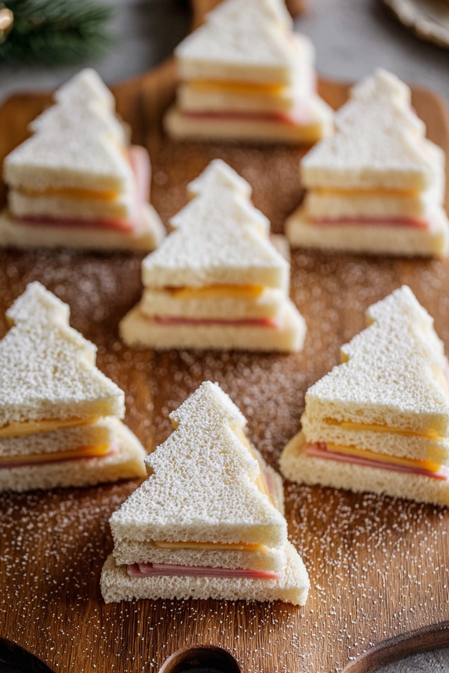 Festive Christmas Tree Sandwiches, holiday sandwiches, Christmas party appetizers, fun holiday snacks, kid-friendly Christmas treats - Multiple small sandwiches shaped like Christmas trees are shown on a wooden board. Each sandwich has three layers of white bread with two thin layers of ham and cheese in between. The top layer of bread is covered with a light dusting of powdered sugar. One sandwich is positioned upright inside a metal Christmas tree cutter, showing the sandwich's side with the ham and cheese layers clearly visible. The background is slightly blurred to focus on the layered sandwiches photo taken with an iphone --ar 2:3 --v 7