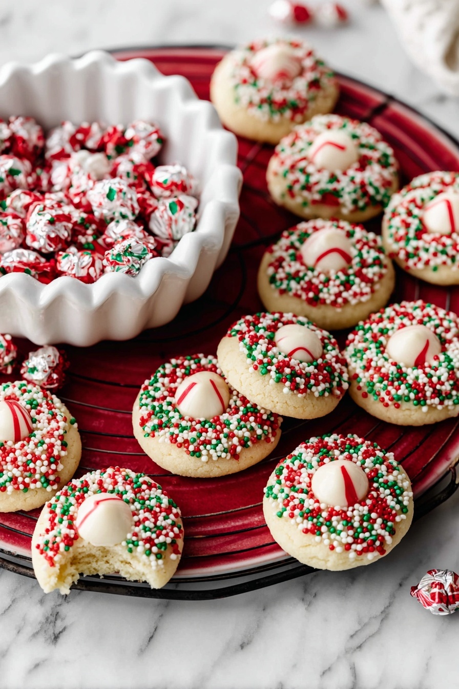 Candy Cane Kiss Cookies, peppermint sugar cookies, holiday cookie recipes, Christmas cookies, festive sugar cookies - A white marbled surface holds a white plate with red decorative leaf patterns, filled with a pile of round cookies. Each cookie has two layers: a base layer that is light beige and rough-textured, covered on the top edge with small round red, white, and green sprinkles, and a top center layer that is a smooth candy with white, red swirled stripes. Around the main plate, there are small white bowls containing the same holiday-colored sprinkles, and near the top right, there is a partly eaten cookie showing its soft inside. Photo taken with an iphone --ar 2:3 --v 7