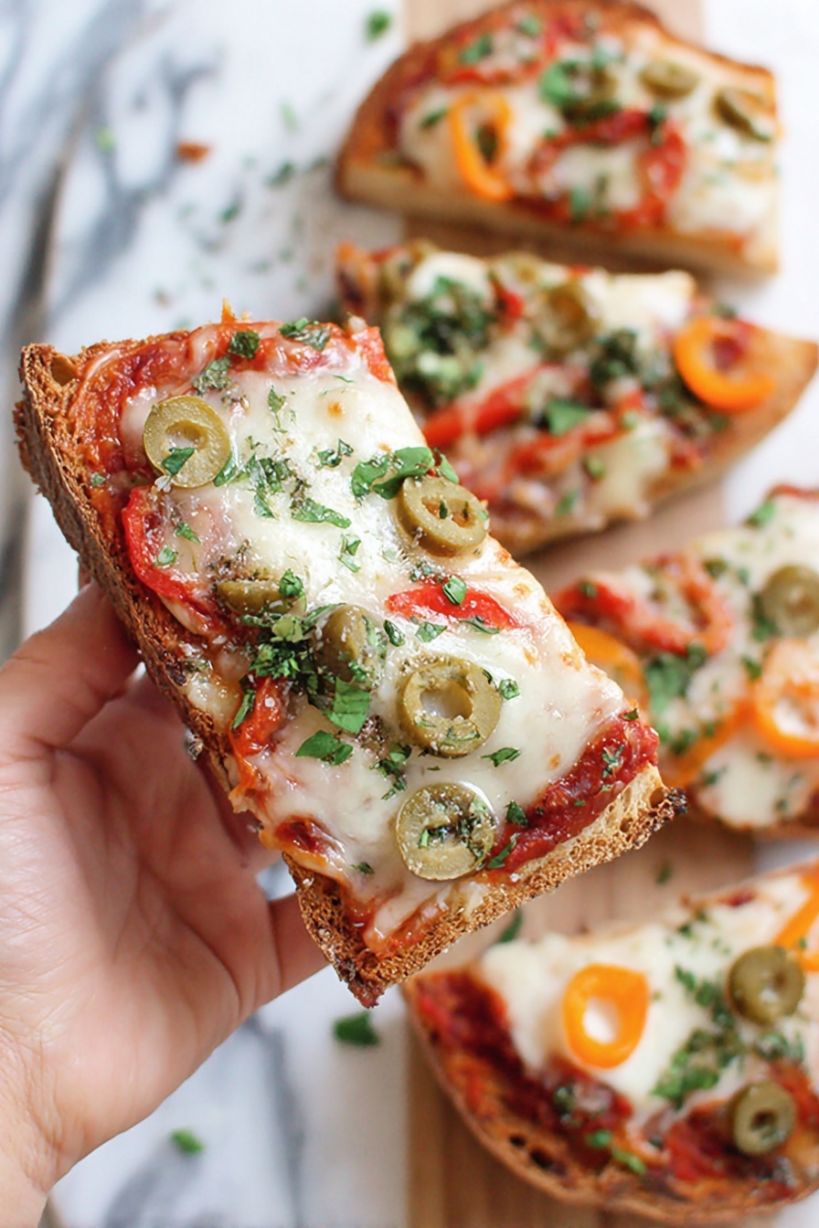 Crispy Tomato Baguette Pizza, tomato baguette pizza, easy baguette pizza recipe, quick savory snacks, crunchy tomato appetizer - There are six slices of toasted bread arranged on a light wooden board. Each slice has a base layer of bright red tomato sauce spread evenly, topped with melted white cheese that is slightly browned in spots. On top of the cheese, there are halved green olives and orange bell pepper slices. Small green herb leaves are sprinkled over the pizza pieces, adding touches of green color. The bread has a golden-brown crust with a rough texture and light, airy interior. The whole scene is set on a white marbled surface. photo taken with an iphone --ar 2:3 --v 7