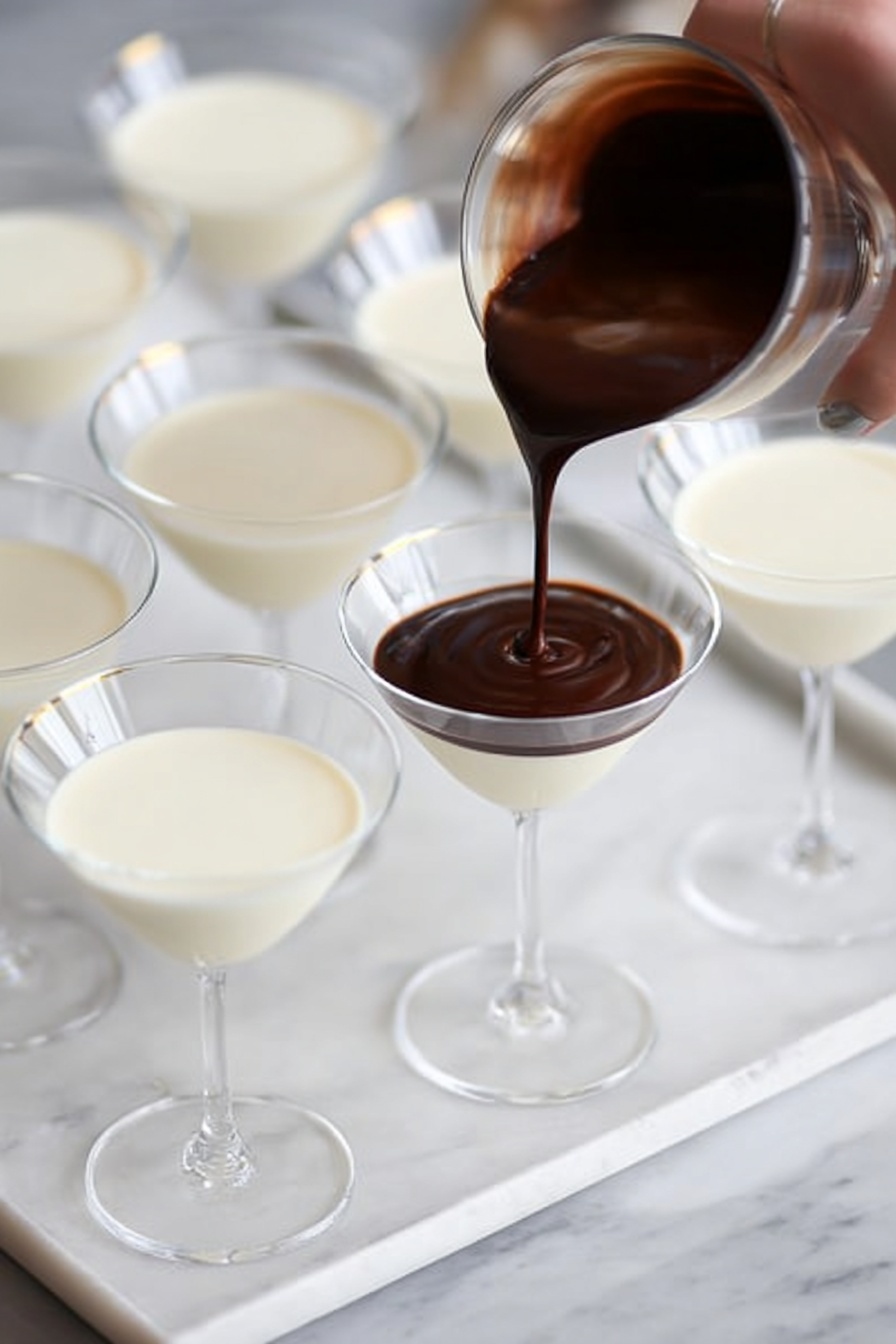 White Chocolate Panna Cotta with Orange Chocolate Sauce, panna cotta dessert, easy elegant dessert, creamy white chocolate panna cotta, citrus chocolate sauce - The image shows several clear white cocktail glasses filled with a smooth, creamy white layer at the bottom. One glass in the center is being topped with a thick dark brown liquid, gently poured from a vessel held by a woman's hand. The dark layer is glossy and rich, slowly spreading over the white base. The glasses are placed on a tray with a white marbled surface, arranged in neat rows, giving a clean and elegant look to the scene. photo taken with an iphone --ar 2:3 --v 7