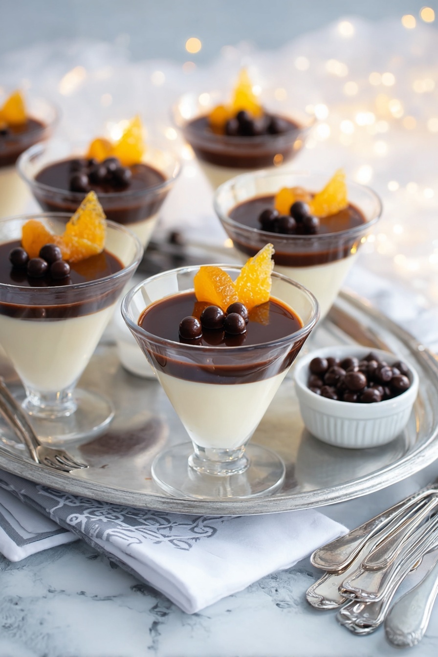 White Chocolate Panna Cotta with Orange Chocolate Sauce, panna cotta dessert, easy elegant dessert, creamy white chocolate panna cotta, citrus chocolate sauce - The image shows a set of clear glasses filled with two layers of dessert: a smooth, creamy white layer at the bottom and a shiny, dark chocolate layer on top. Each glass is garnished with a thin strip of orange peel and several small round dark chocolate balls placed on the chocolate layer. The glasses are arranged on a shiny silver tray, all placed on a white marbled surface. Around the tray, there are small white bowls with more chocolate balls and orange peels, along with silver spoons and forks scattered on white napkins with a light gray pattern. Soft, warm lights add a gentle glow to the scene. Photo taken with an iphone --ar 2:3 --v 7