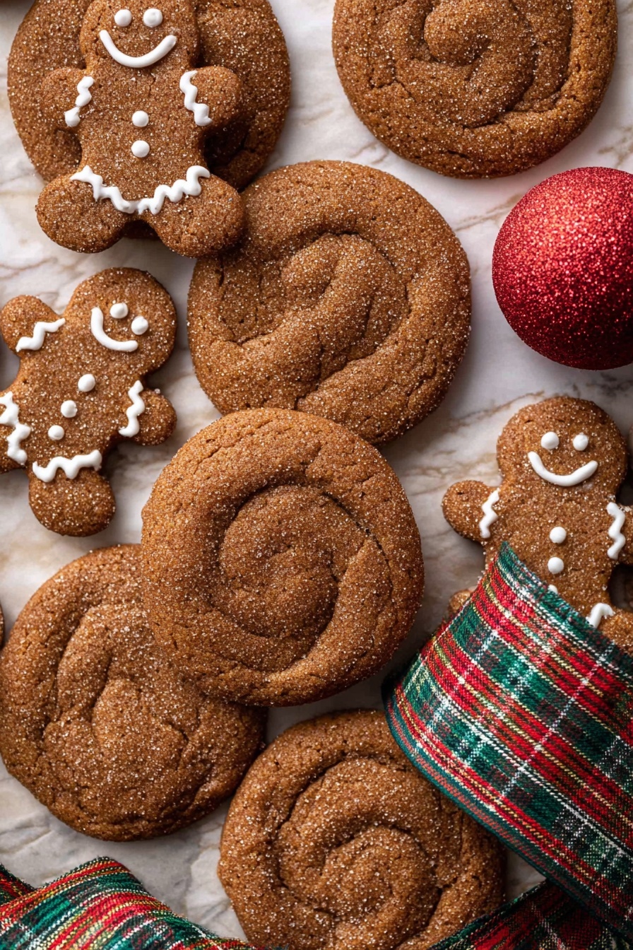 Gingerbread Cheesecake Cookies, holiday cookie recipes, festive dessert ideas, gingerbread cookie tips, cheesecake cookie favorites - A group of round, brown cookies with a slightly cracked surface and a shiny sugar coating are spread over a white marbled surface covered with parchment paper. Among them are small gingerbread men cookies decorated with white icing showing smiling faces, buttons, and zigzag patterns on arms and legs. A red glittery ball ornament and a green and red plaid ribbon weave through the cookies, adding a festive touch photo taken with an iphone --ar 2:3 --v 7