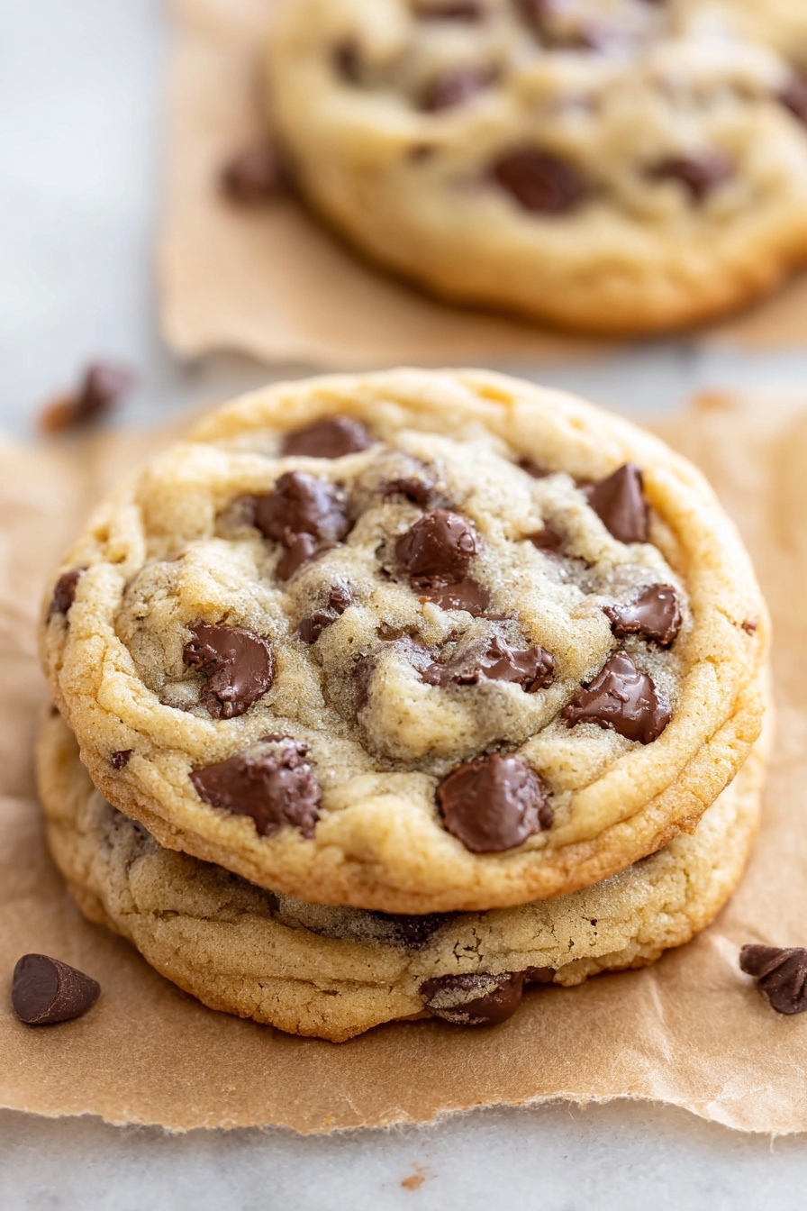 Chocolate Chip Cookies, Chocolate Chip Cookies Recipe, Best Chocolate Chip Cookies, Chewy Chocolate Chip Cookies, Easy Cookie Recipes - The image shows three chocolate chip cookies stacked on top of each other. Each cookie has a golden-brown edge with a soft, light tan center filled with melted dark brown chocolate chips. The cookies are placed on light brown parchment paper, spread on a smooth white marbled surface. The top cookie is in focus, showing its bumpy and slightly chewy texture with chocolate chips scattered unevenly across its surface. Photo taken with an iphone --ar 2:3 --v 7