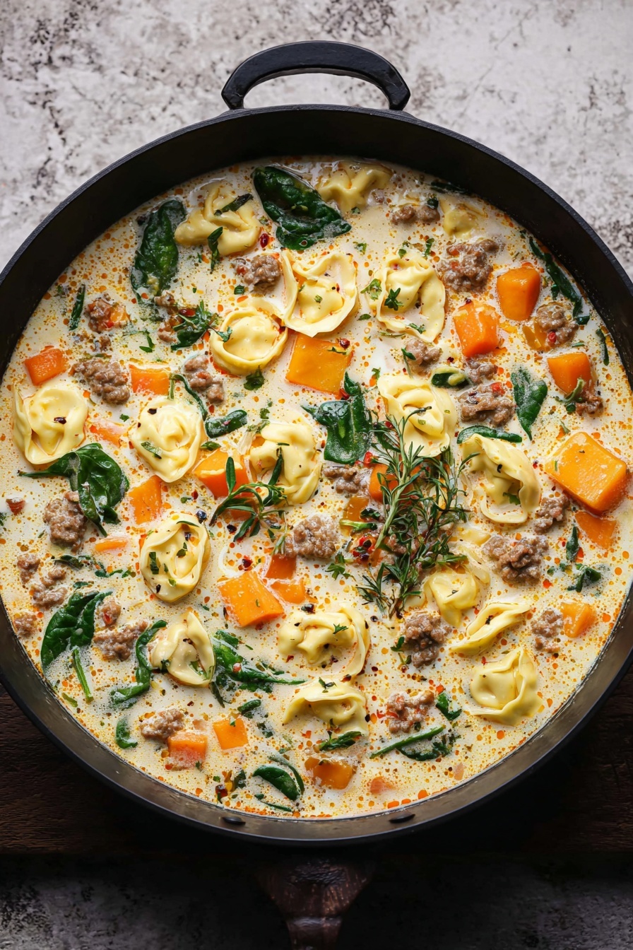 Creamy Sausage Tortellini Soup, hearty sausage and tortellini soup, easy sausage tortellini recipe, comforting creamy soup, one-pot sausage soup - A black pan filled with a creamy soup that has three main layers: chunks of orange squash, yellow tortellini pasta, and small pieces of cooked ground meat spread evenly throughout. The soup base is light-colored cream with orange oil spots floating on top. Dark green spinach leaves and sprigs of fresh herbs are scattered on the surface. The pan is placed on a textured white marbled surface. photo taken with an iphone --ar 2:3 --v 7