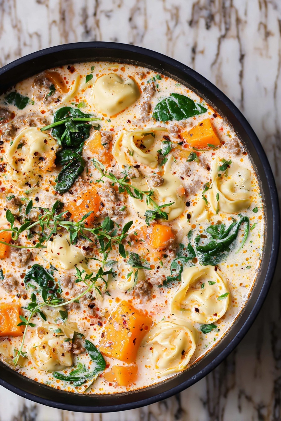 Creamy Sausage Tortellini Soup, hearty sausage and tortellini soup, easy sausage tortellini recipe, comforting creamy soup, one-pot sausage soup - A white bowl filled with a creamy soup that has three main layers: large orange carrot cubes, green spinach leaves, and pale yellow tortellini pasta pieces floating in a light cream-colored broth with orange oil droplets. Small pieces of light brown cooked sausage are mixed throughout, and tiny green herb leaves are scattered on top. The bowl is placed on a white marbled surface with some green herbs around it. photo taken with an iphone --ar 2:3 --v 7