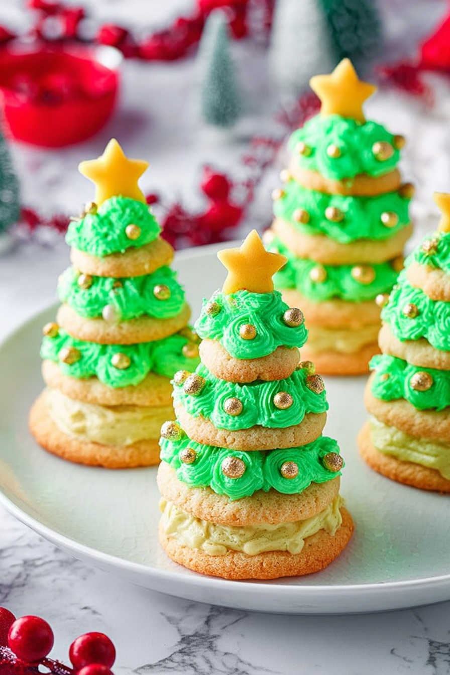 Christmas Tree Cookies with Buttercream Frosting, festive holiday cookies, DIY Christmas treats, Christmas baking ideas, buttercream frosting recipes - The image shows several small Christmas tree-shaped desserts made by stacking three round golden cookies with bright green frosting layers between each cookie, creating three distinct layers. The frosting is thick, textured, and piped in a way that forms a tree-like shape, with golden edible balls decorating the green frosting layers like ornaments. Each dessert is topped with a small yellow star decoration on the top layer of frosting. The cookies and frosting sit on a white plate placed on a white marbled surface, with some red berries and festive decorations in the background. photo taken with an iphone --ar 2:3 --v 7
