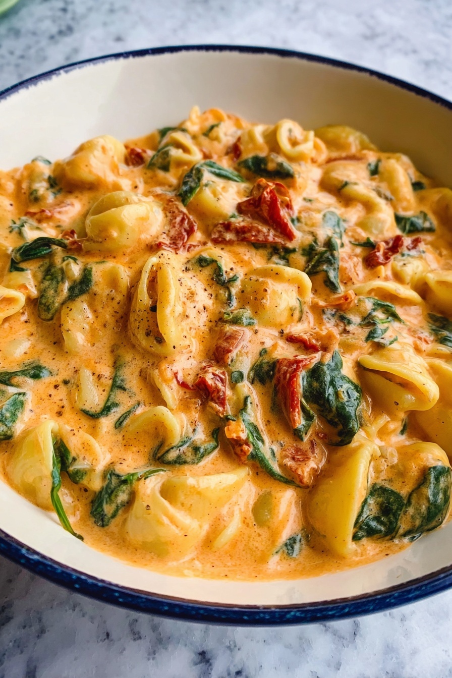 Creamy Tuscan Chicken Soup, Tuscan chicken soup, Italian chicken soup, comforting chicken soup, easy creamy chicken soup - The dish is a creamy pasta with three main layers visible: the base layer of soft yellow pasta shells, the middle layer of thick orange creamy sauce mixed evenly with wilted dark green spinach leaves, and scattered pieces of red sun-dried tomatoes adding contrast throughout. The sauce looks smooth and rich, holding the pasta and vegetables together. The dish is served in a white bowl with a thin blue rim, all set on a white marbled surface. photo taken with an iphone --ar 2:3 --v 7