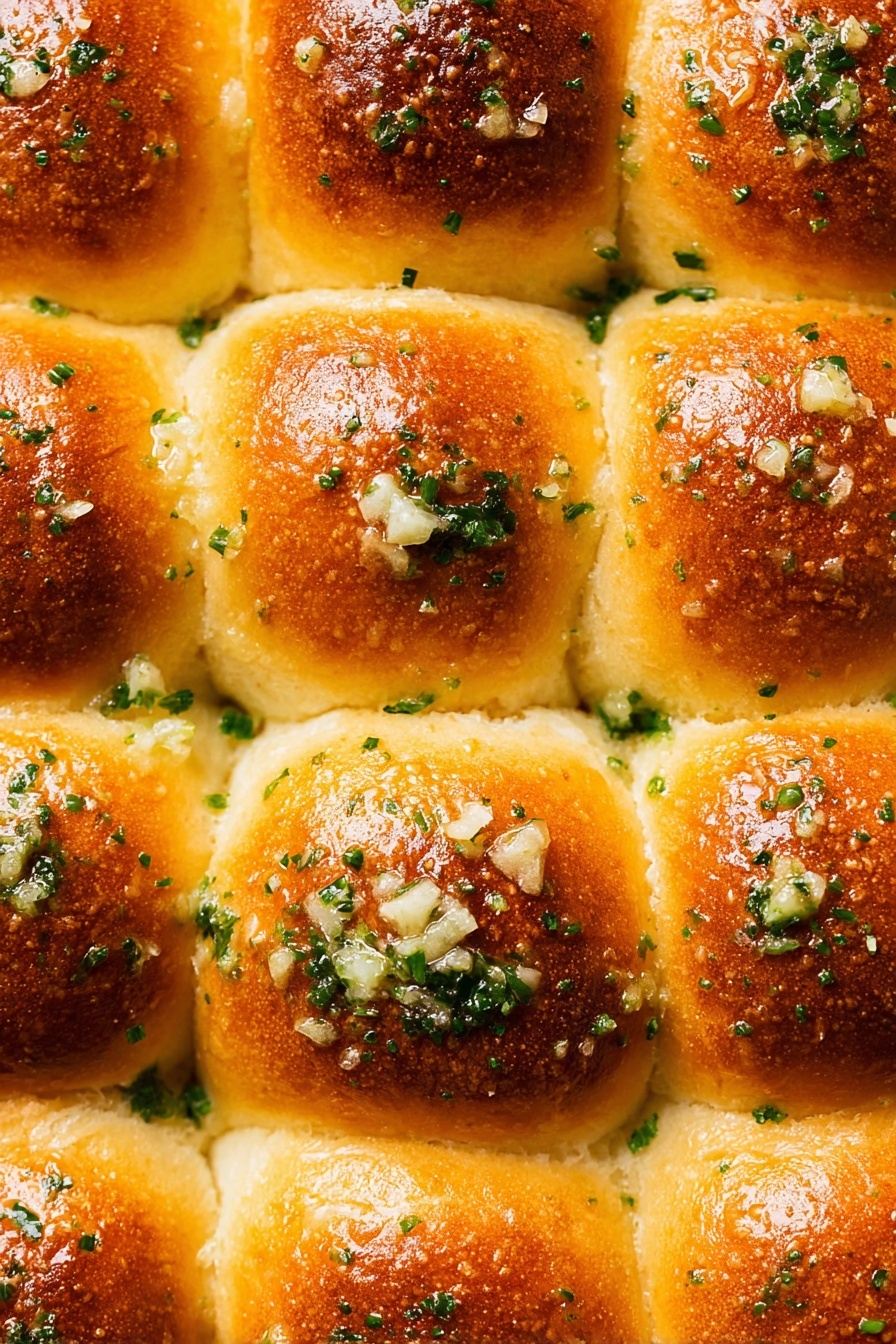 Garlic Bread Rolls, garlic bread recipe, fluffy garlic rolls, easy garlic bread, homemade garlic bread - A close-up view of soft, round dinner rolls arranged in a 3x3 grid, each roll with a shiny golden brown top that is slightly darker in the center, showing a smooth and glossy texture. The rolls are closely packed, with slightly yellow sides touching each other. They are sprinkled with small bits of chopped green herbs and minced garlic scattered unevenly on top, adding a fresh contrast to the warm tones. The background is not visible, focusing tightly on the rolls. Photo taken with an iphone --ar 2:3 --v 7