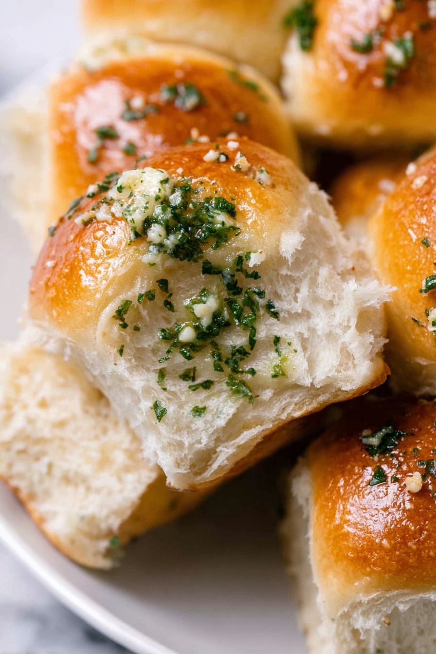 Garlic Bread Rolls, garlic bread recipe, fluffy garlic rolls, easy garlic bread, homemade garlic bread - The image shows close-up soft dinner rolls with a shiny golden-brown top layer brushed with garlic butter and small pieces of chopped green herbs, likely parsley, sprinkled generously. The inside of the roll is fluffy and white with a light and airy texture. The rolls are placed closely together on a white plate over a white marbled surface. The focus is on one roll slightly pulled apart to show its soft inside. Photo taken with an iphone --ar 2:3 --v 7