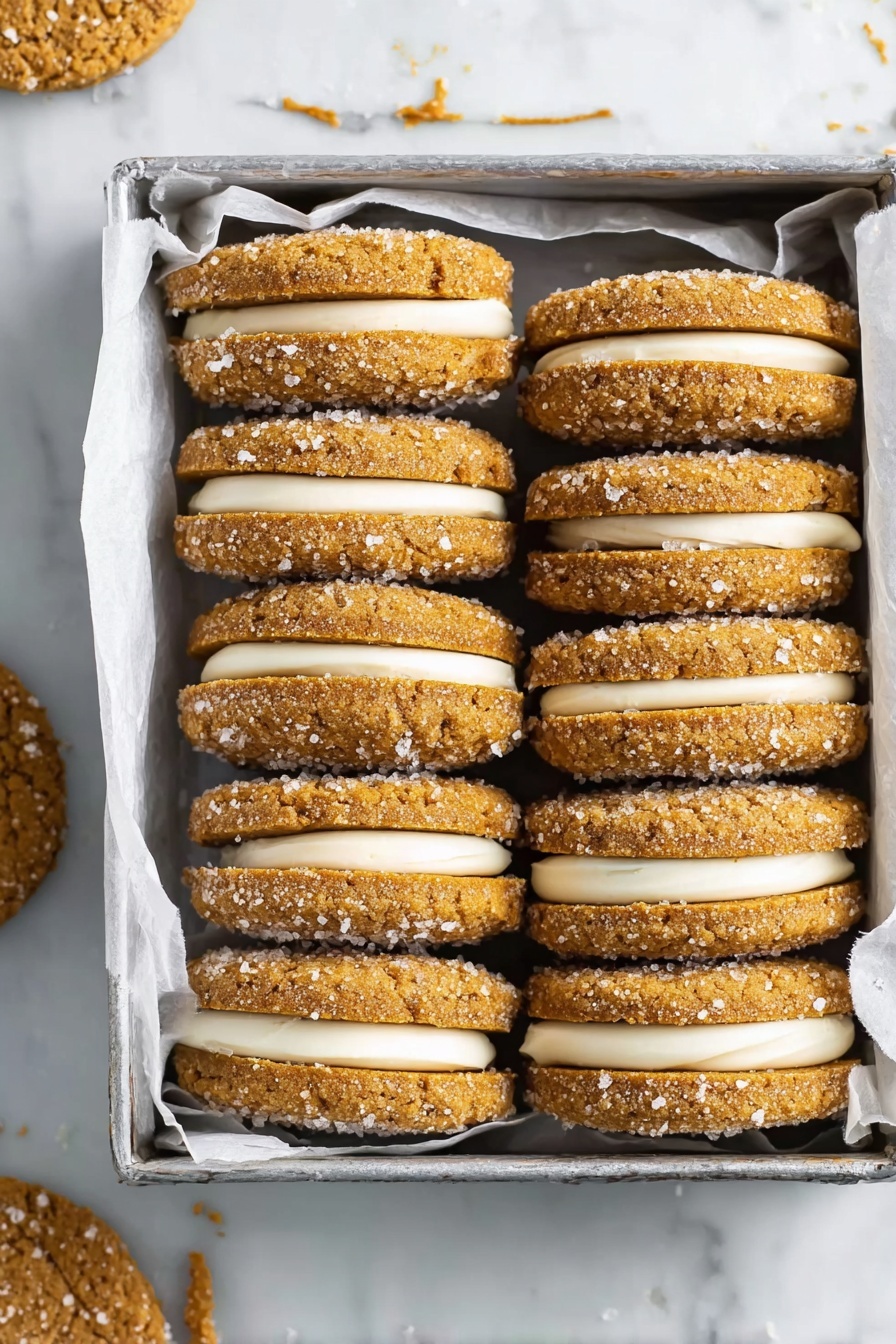 Gingerbread Sandwich Cookies with Vanilla Frosting, holiday cookie recipes, spiced gingerbread cookies, vanilla frosting cookies, easy Christmas cookies - A stack of sandwich cookies arranged in a pyramid on a white plate, each cookie having two golden-brown textured layers with sugar crystals on the surface and a thick layer of smooth white cream filling in the middle. The cookies show some cracks and rough edges, creating a crunchy look, and the creamy filling is even and slightly raised between the cookie layers. The background is a soft focus with blurred hints of green and red, and the surface beneath the plate is a white marbled texture. photo taken with an iphone --ar 2:3 --v 7