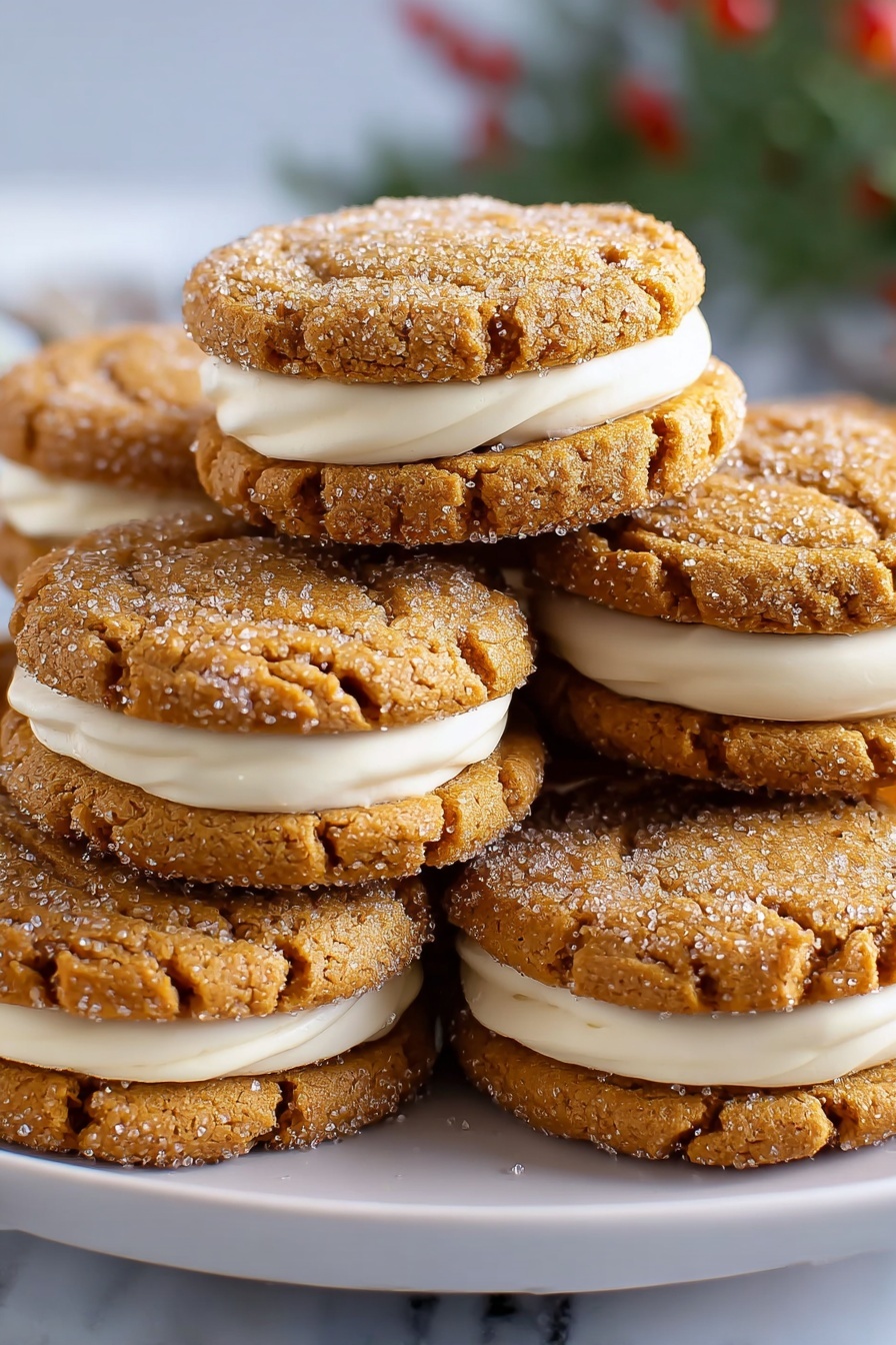 Gingerbread Sandwich Cookies with Vanilla Frosting, holiday cookie recipes, spiced gingerbread cookies, vanilla frosting cookies, easy Christmas cookies - The image shows three neat rows of sandwich cookies stacked upright inside a metal tray lined with white parchment paper. Each cookie is made of two golden-brown, sugar-coated biscuit layers with visible coarse sugar crystals on the outside, and a smooth, creamy white filling sandwiched in the middle. The biscuits appear crumbly with a slightly rough texture, and the cream layer is thick and even. The tray sits on a white marbled surface, with a few sugar crumbs scattered around. Photo taken with an iphone --ar 2:3 --v 7