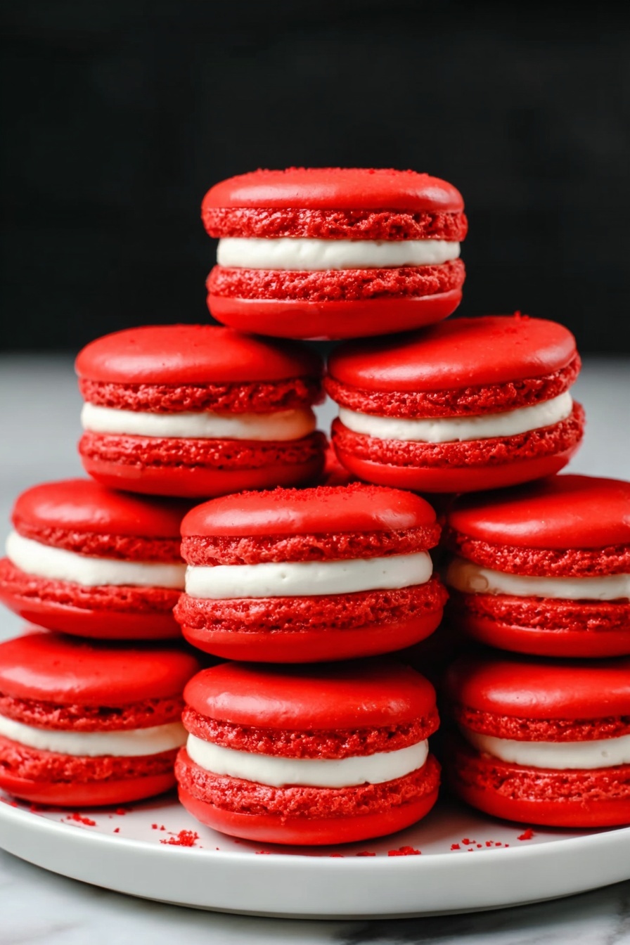 Red Velvet Macarons with Cream Cheese Frosting, Red Velvet Macaron Recipe, Homemade Red Velvet Macarons, Easy Macaron Filling, Elegant Dessert for Parties - A white plate stacked with ten bright red macarons arranged in a pyramid shape. Each macaron has two smooth, shiny red shells with a consistent white cream filling in the middle. The red shells have a slightly textured edge showing their crispness. The background is a plain black, and the plate is set on a white marbled surface. photo taken with an iphone --ar 2:3 --v 7