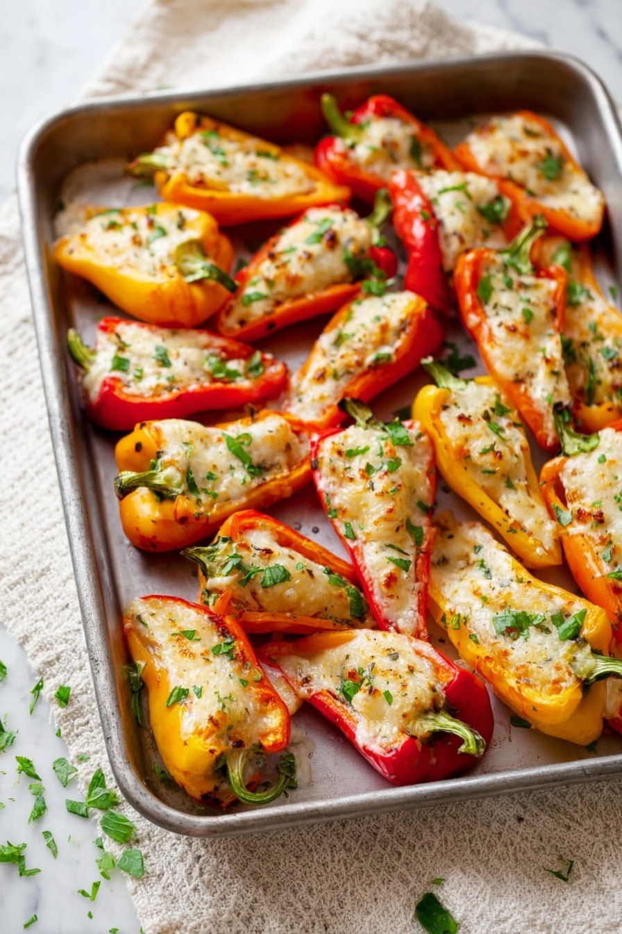 Cream Cheese Stuffed Mini Peppers, Stuffed Mini Peppers appetizer, printable mini peppers recipe, easy party snacks, healthy stuffed pepper bites - A metal tray is full of many halved mini bell peppers in red, orange, and yellow colors. Each pepper half is filled with a creamy white mixture topped with melted light brown cheese and small green herb pieces scattered on top. The tray is placed on a light cream-colored textured cloth with a white marbled surface underneath. Small green herb pieces are also sprinkled around the tray. photo taken with an iphone --ar 2:3 --v 7
