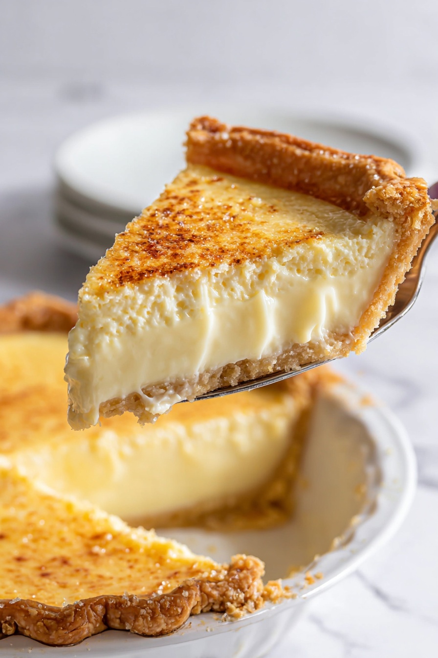 Egg Custard Pie, Egg Custard Pie Recipe, Classic Custard Pie, Easy Egg Pie, Nutmeg Custard Dessert - A slice of creamy pie is being lifted above the rest of the pie in a white pie tin. The pie has three layers: a light golden brown crust with a flaky texture at the bottom, a thick pale yellow custard filling in the middle that looks smooth and soft, and a slightly browned, speckled top layer that has a slightly rough texture. The background is a white marbled surface, and a white plate is blurred in the background. Photo taken with an iphone --ar 2:3 --v 7