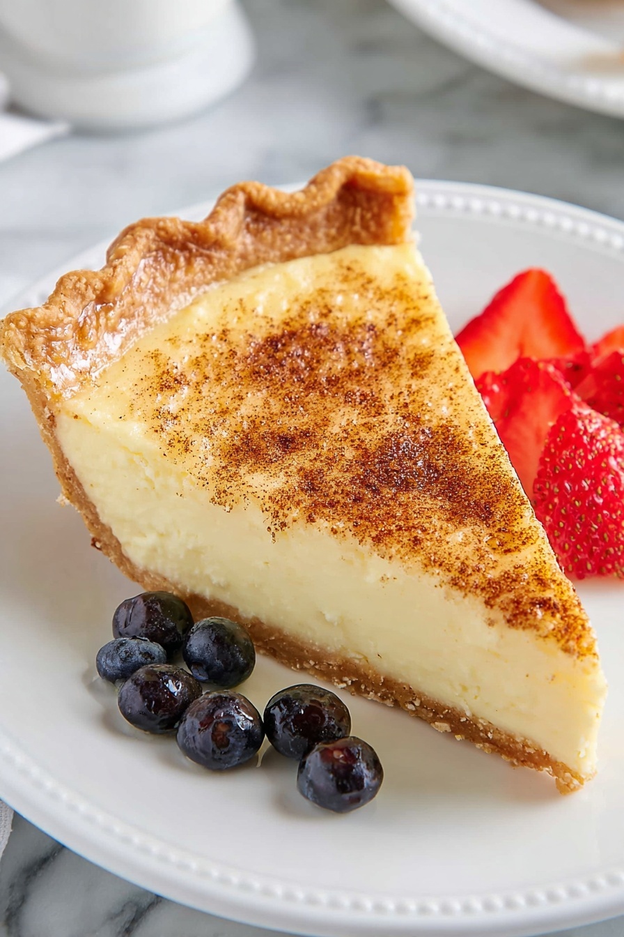 Egg Custard Pie, Egg Custard Pie Recipe, Classic Custard Pie, Easy Egg Pie, Nutmeg Custard Dessert - A slice of creamy custard pie with a golden-brown top sprinkled with cinnamon sits on a white plate with a slight raised dot pattern around the edge. The pie has three layers: a light brown crust with a crimped edge, a thick smooth pale yellow custard filling, and a slightly darker cinnamon-dusted surface. To the left of the pie slice, there are three red strawberry slices and several dark blue blueberries scattered next to it. The plate is on a white marbled surface. photo taken with an iphone --ar 2:3 --v 7