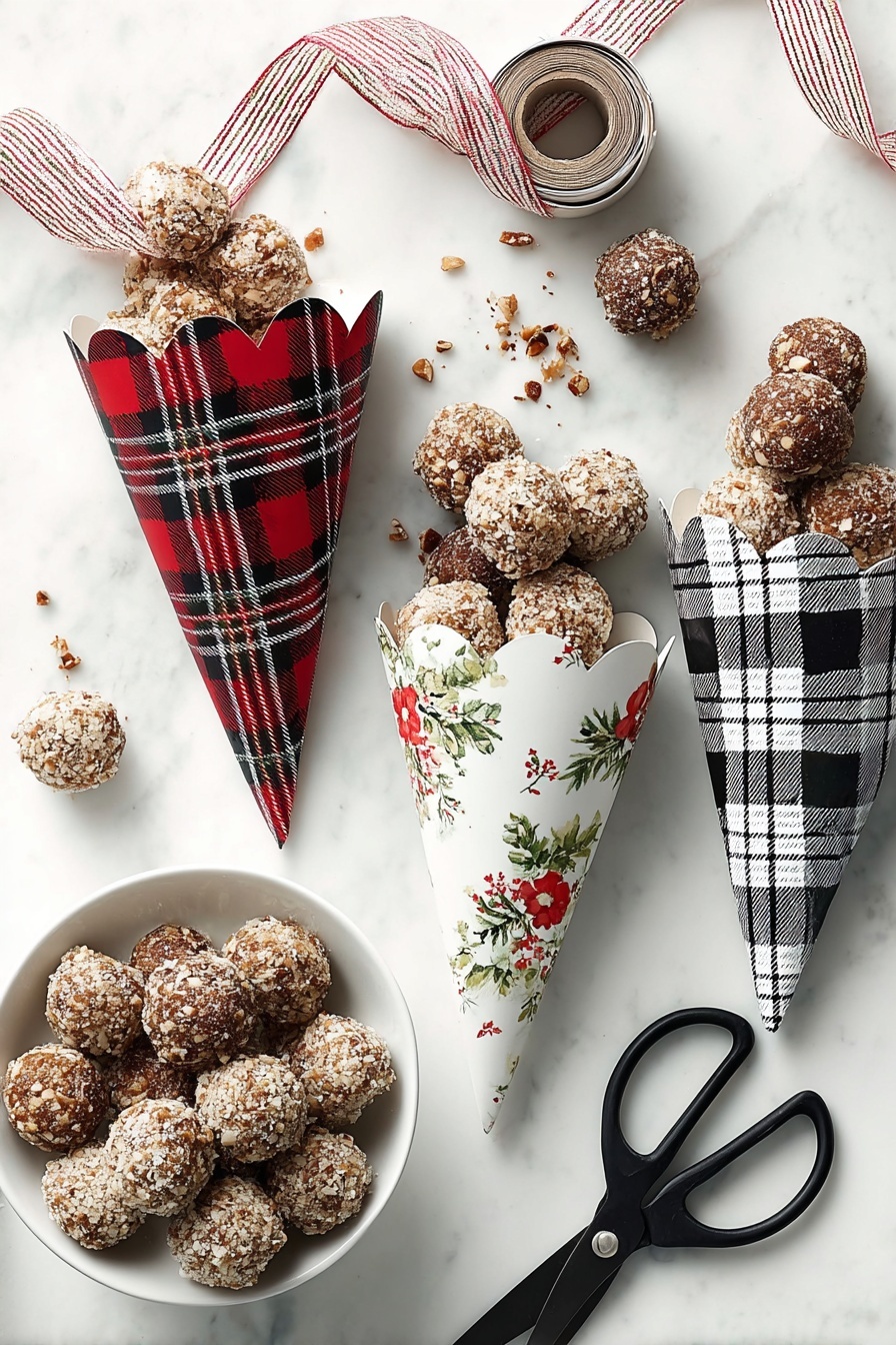 Quick Bourbon Balls, Bourbon Balls recipe, no-bake bourbon treats, holiday bourbon sweets, easy chocolate bourbon balls - The image shows round, nut-covered dessert balls arranged in three decorative paper cones with scalloped edges; the left cone has a red and black plaid pattern, the middle one is white with green and red floral prints, and the right cone has a black and white plaid pattern. Each cone is filled with several dessert balls, and a few are scattered around on the white marbled surface. At the bottom left corner, a white bowl holds several more of these balls. To the right, an old black pair of scissors lies on the surface, and at the top left, a spool with a ribbon showing red stripes is partly unraveled, adding a festive touch. Photo taken with an iphone --ar 2:3 --v 7