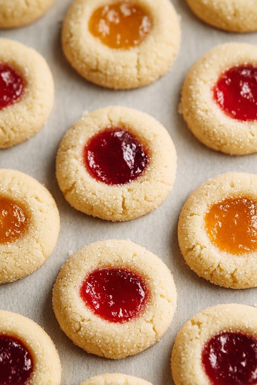 Thumbprint Cookies with Jam, jam thumbprint cookies, homemade thumbprint cookies, buttery jam cookies, easy thumbprint cookie recipe - The image shows a close-up view of round thumbprint cookies arranged in rows on a light-colored parchment paper over a white marbled texture surface. Each cookie has one layer of soft, pale golden dough forming a smooth, slightly rounded base with an indented center filled with two colors of jam: deep red and bright orange. The jam has a glossy, jiggly texture that contrasts with the matte finish of the cookie dough. The scene is evenly lit, showing small sugar crystals on the dough, and the cookies are neatly spaced to show uniform size and shape. photo taken with an iphone --ar 2:3 --v 7