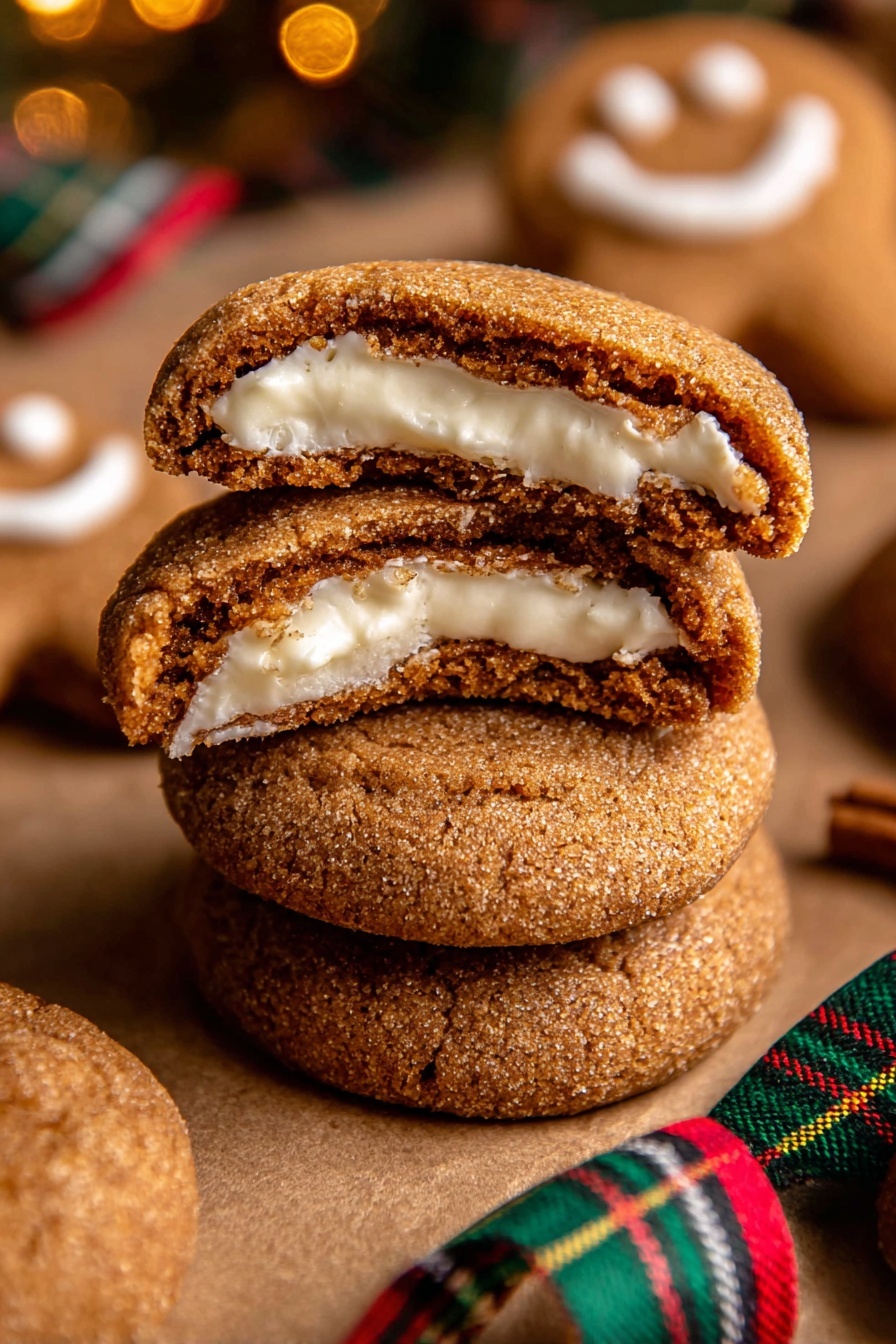 Gingerbread Cheesecake Cookies, holiday cookie recipes, festive dessert ideas, gingerbread cookie tips, cheesecake cookie favorites - A stack of four round cookies is shown, each cookie has a thick light brown outer layer with a slightly crispy texture, and a creamy white filling in the center partially visible due to each cookie being broken in half; the stack is on a brown paper surface with more whole cookies scattered around, including one smiling gingerbread man cookie in the blurred background, and a green, red, and yellow plaid ribbon lies in the front bottom right corner; the scene has warm lighting with a cozy holiday feel. photo taken with an iphone --ar 2:3 --v 7