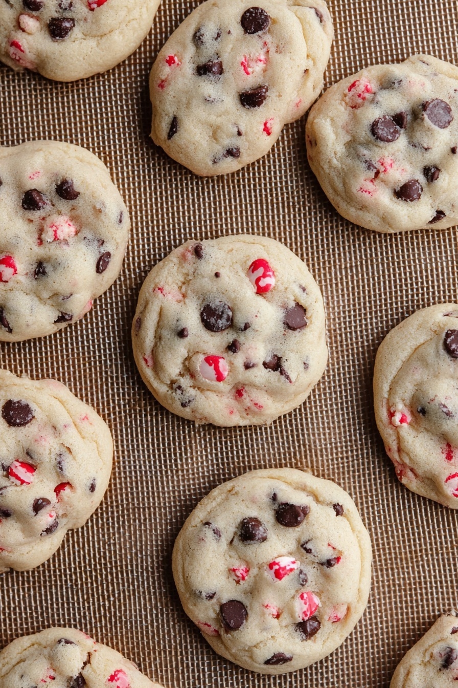 Peppermint Oreo Cookie Dough Bites, peppermint cookie treats, holiday cookie bites, peppermint dessert recipes, no-bake peppermint candies - Several round cookies with a light beige color are spread out on a brown textured mat. Each cookie has visible dark brown chocolate chips and small red candy pieces embedded across the surface. The cookies have a soft, slightly bumpy texture and are spaced evenly apart, showing their round edges clearly. The background underneath the mat is a white marbled surface. photo taken with an iphone --ar 2:3 --v 7