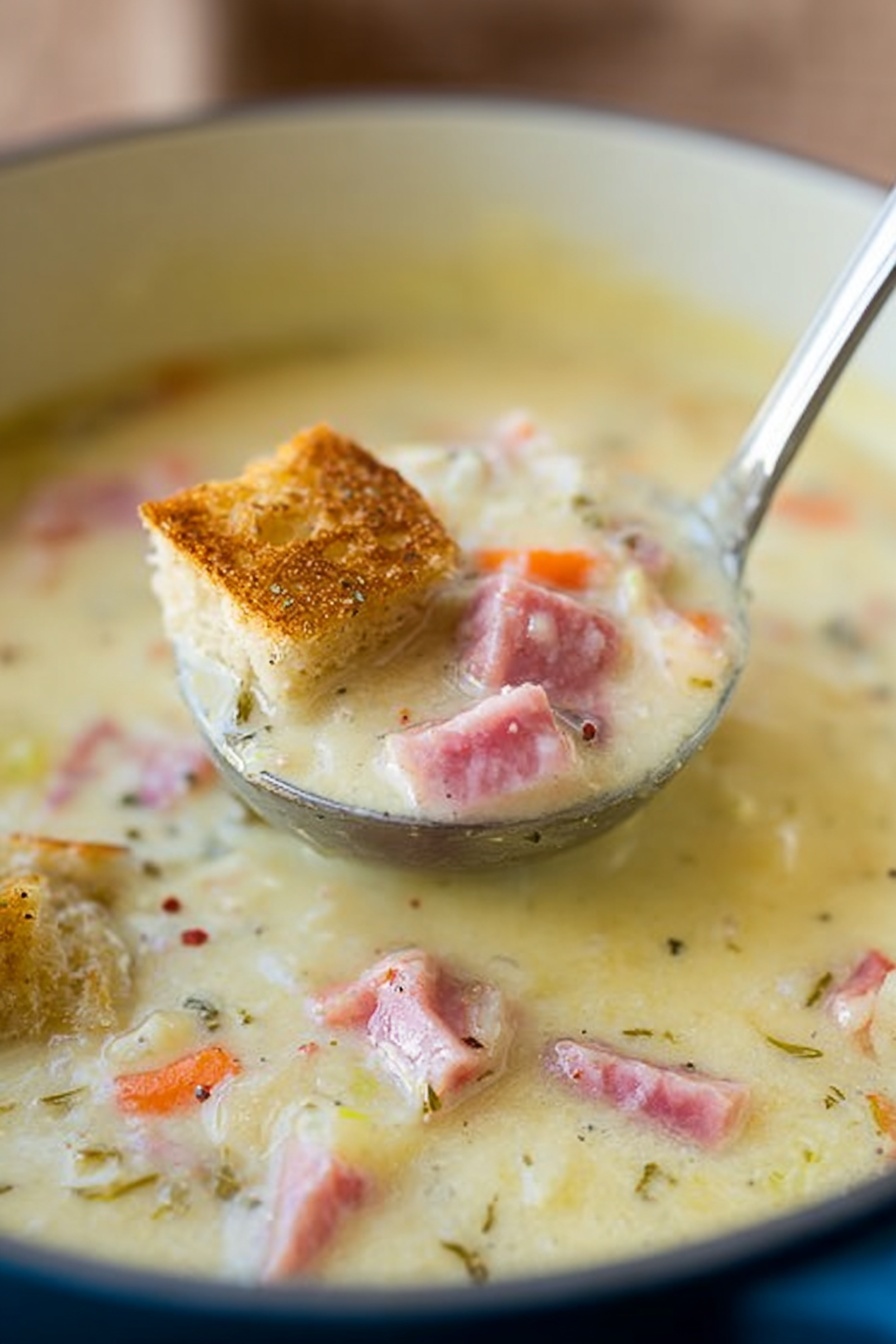 Reuben Soup with Swiss Cheese, Reuben Soup recipe, corned beef soup, sauerkraut soup, cheesy deli-inspired soup - A close-up view of a large silver ladle filled with thick creamy soup showing pink pieces of meat, small chunks of orange carrot, and some small bits of other vegetables and herbs mixed throughout. The soup in the ladle is pale yellow with a smooth and slightly chunky texture. It is held above a large pot filled with the same creamy soup, which also displays pink meat chunks and orange carrot pieces scattered in the pale yellow base. The background is out of focus with a soft brown hue, emphasizing the thick soup in the ladle. photo taken with an iphone --ar 2:3 --v 7