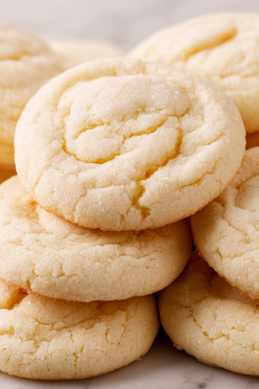 Amish Sugar Cookies, Amish Sugar Cookies Recipe, Soft Sugar Cookies, Buttery Sugar Cookies, Vanilla Sugar Cookies - A close-up image shows a stack of soft, round cookies with a light beige color, each cookie having a soft, slightly cracked top texture. The cookies are piled unevenly on each other, showing their light, fluffy thickness and soft edges. The background surface is a white marbled texture that adds a clean contrast to the cookies' pale color. photo taken with an iphone --ar 2:3 --v 7