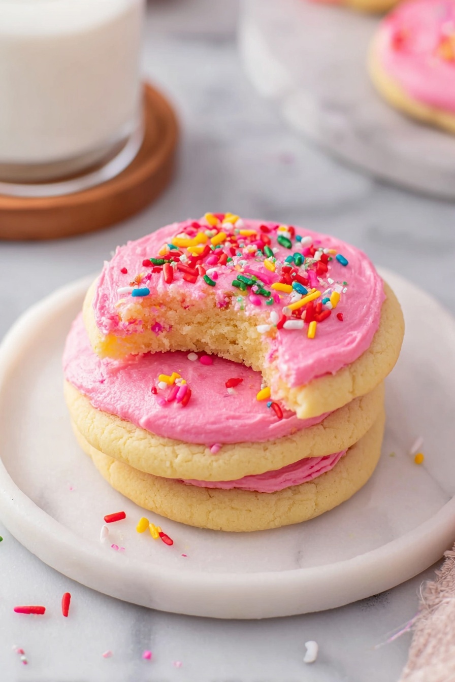Soft Frosted Sugar Cookies, soft sugar cookies with frosting, easy sugar cookie recipe, homemade frosted sugar cookies, tender sugar cookies with frosting - The image shows a stack of three soft, pale yellow cookies with a rough texture, each separated by a thick layer of bright pink frosting. The top cookie has more pink frosting swirled on top with colorful sprinkles scattered over it, including red, white, yellow, blue, and green. They sit on a small white marble round plate, with a few sprinkles spilled around the base. The background is a white marbled surface with a blurred light-colored cup and woven coaster in the back photo taken with an iphone --ar 2:3 --v 7