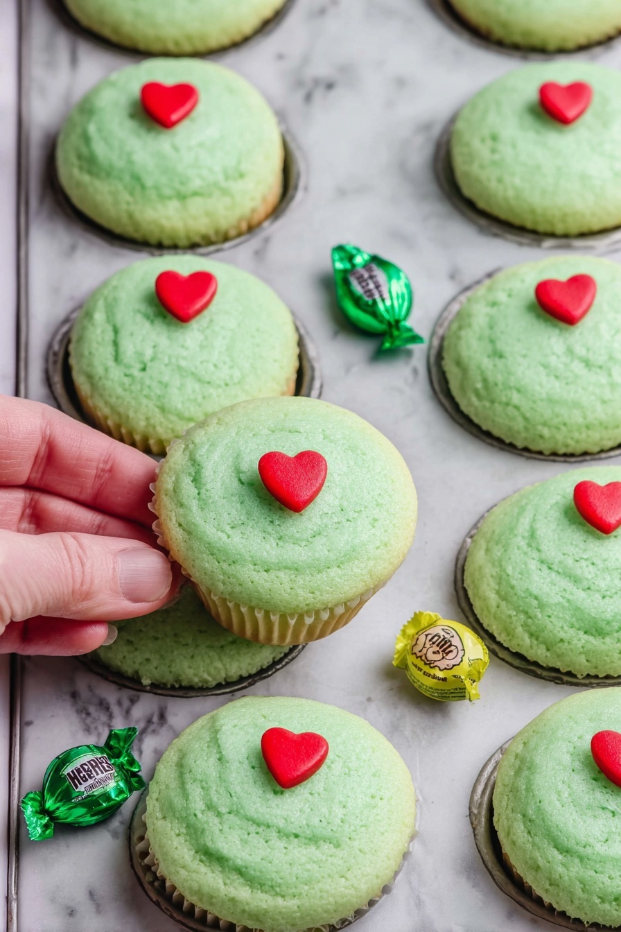 Grinch Cookie Cups with Hershey’s Kisses, festive holiday treats, green chocolate cookie cups, easy Christmas desserts, chocolate Hershey’s Kiss cookies - A dark gray muffin tray holds 18 small round green cookies inside each cup, with a soft and slightly bumpy texture. A woman's hand with green nail polish is placing a small red heart-shaped decoration on one of the cookies in the center. Some cookies already have a red heart decoration pressed slightly into their surface. The tray rests on a white marbled surface. photo taken with an iphone --ar 2:3 --v 7