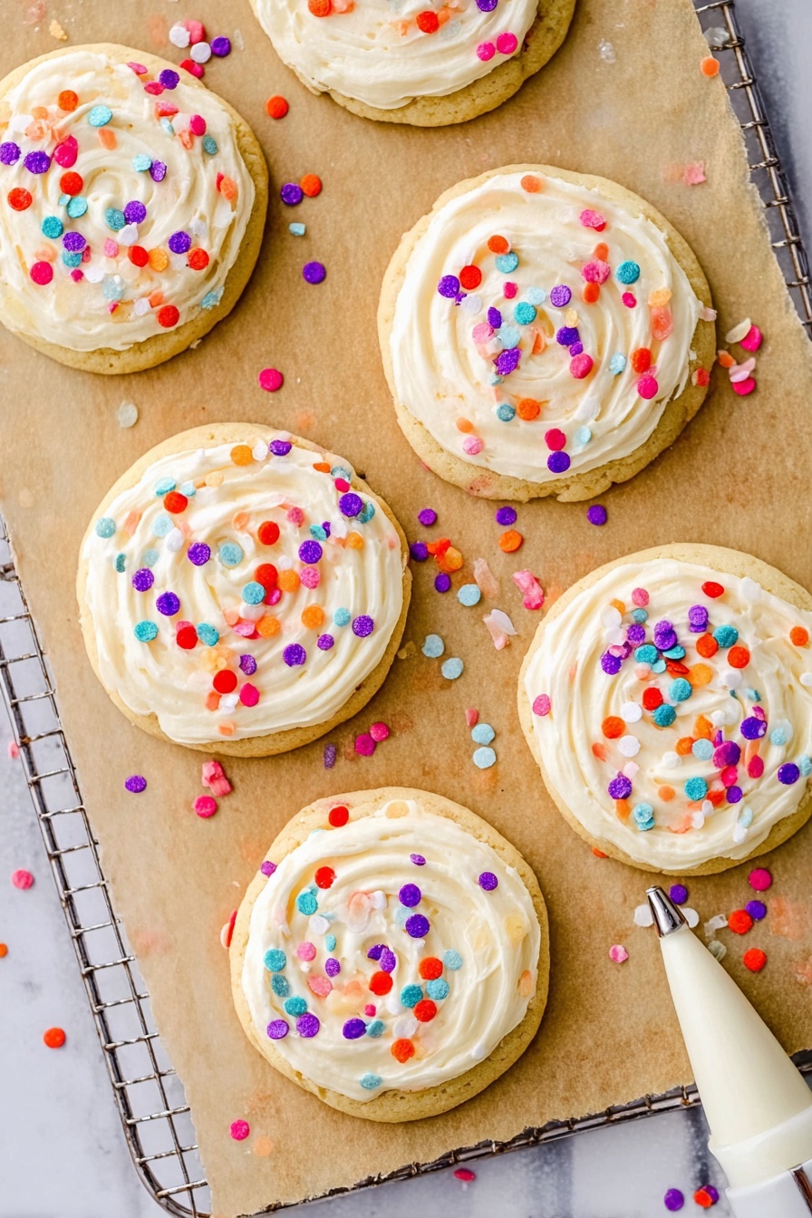 Confetti Cake Mix Cookies, colorful cake mix cookies, easy celebration cookies, soft cake mix cookies with sprinkles, quick party cookie recipes - Six soft round cookies are shown on a white marbled surface lined with brown parchment paper and a wire cooling rack. Each cookie has one thick, creamy white frosting layer swirled on top, covering nearly the entire cookie. The frosting is dotted with colorful round confetti sprinkles in red, purple, orange, aqua blue, and white, scattered both on the frosting and the paper around the cookies. At the bottom right corner, a white piping bag with a metal tip is partly visible as if it was just used to decorate the cookies. Photo taken with an iphone --ar 2:3 --v 7