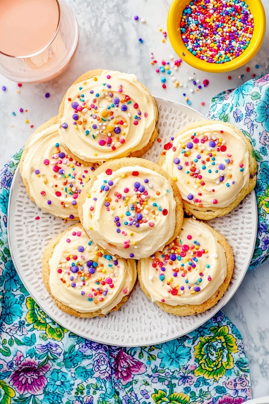 Confetti Cake Mix Cookies, colorful cake mix cookies, easy celebration cookies, soft cake mix cookies with sprinkles, quick party cookie recipes - The image shows seven round cookies placed closely on a white plate with a subtle patterned edge, all topped with a smooth layer of light cream-colored frosting swirled in a circular pattern. Each cookie is decorated with many small, colorful round and sprinkle-shaped confetti in red, purple, blue, yellow, green, and white, scattered evenly over the frosting. The plate sits on a white marbled surface next to a small yellow bowl filled with more colorful sprinkles and a glass of light pink liquid. A bright blue and green floral patterned cloth partially covers the surface around the plate. Photo taken with an iphone --ar 2:3 --v 7
