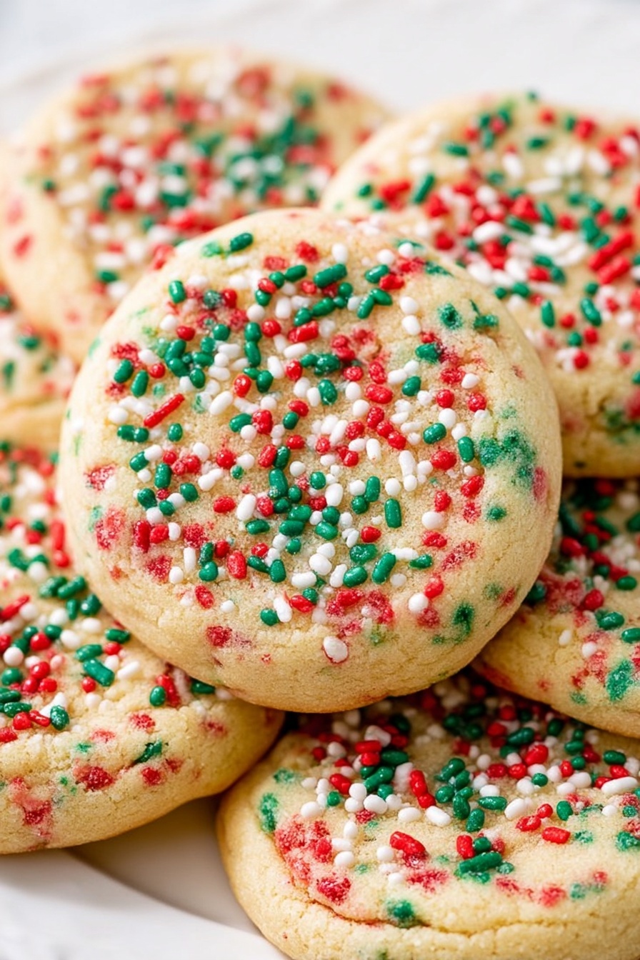 No-Roll Christmas Sprinkle Cookies, Christmas Sprinkle Cookies, No-Roll Holiday Cookies, Easy Christmas Cookies, Festive Cookie Recipes - A white plate filled with twelve round cookies stacked in a slightly overlapping way. Each cookie is light golden brown with a soft texture and topped with colorful sprinkles in red, green, and white, scattered evenly across the surface. The cookies have visible darker spots where chocolate chips or similar small ingredients are baked inside. The plate sits on a white marbled surface, adding a clean, bright background to the image. Photo taken with an iphone --ar 2:3 --v 7