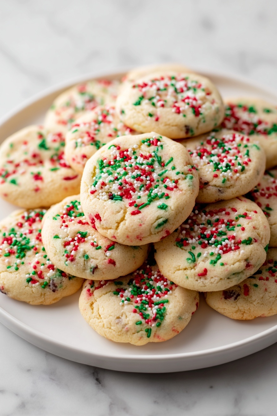 No-Roll Christmas Sprinkle Cookies, Christmas Sprinkle Cookies, No-Roll Holiday Cookies, Easy Christmas Cookies, Festive Cookie Recipes - A white plate holds several round cookies with a light golden-brown color. Each cookie has red, green, and white sprinkles spread on top, giving them a festive look. The cookies are close together, slightly overlapping, showing a soft texture with some colorful bits inside the dough. The background and surface are white with a marbled pattern. photo taken with an iphone --ar 2:3 --v 7