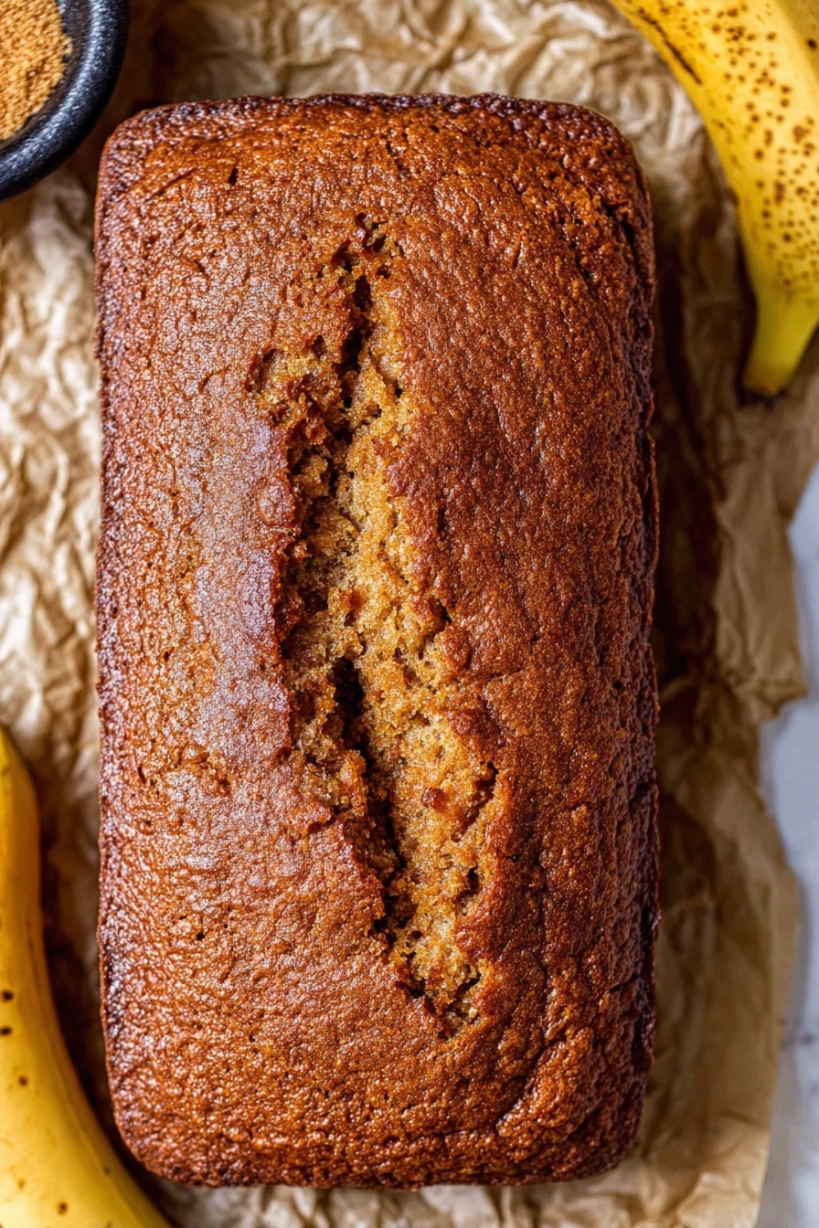 Moist Banana Bread, banana bread recipe, easy banana bread, healthy banana bread, soft banana bread - A single loaf of brown banana bread with a rough and cracked crust texture, sitting directly on crumpled parchment paper. The bread is rectangular with rounded corners and a deep crack running lengthwise down the middle. To the sides of the bread are parts of ripe bananas with dark spots, and part of a small black bowl with brown sugar is slightly visible on the left. The background is a white marbled texture. Photo taken with an iphone --ar 2:3 --v 7