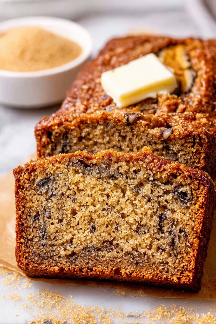 Moist Banana Bread, banana bread recipe, easy banana bread, healthy banana bread, soft banana bread - A close-up view of a single thick slice of nut bread resting on crinkled parchment paper on a white marbled surface. The bread has a rough, golden-brown crust that looks crunchy and textured on top and around the edges. Inside the slice, the soft, moist crumb is light golden with scattered dark pieces of nuts giving a speckled pattern across the slice. The shape is a neat rectangle with slightly rounded corners and the crumb looks dense but tender. In the background, there are some blurred white bowls on the white marbled surface. Photo taken with an iphone --ar 2:3 --v 7